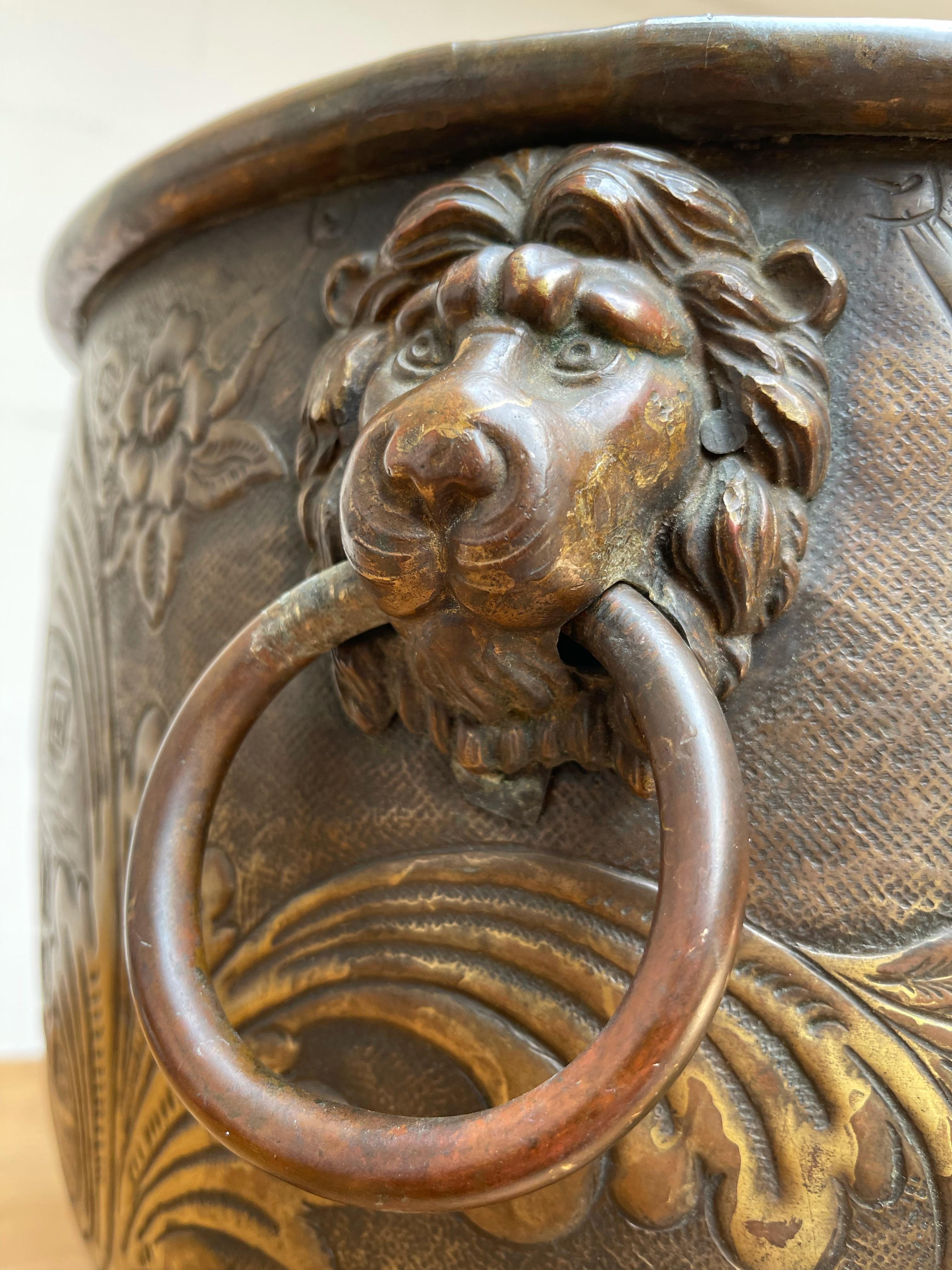 Special Brass & Bronze Log Bin / Firewood Bucket or Basket w. Lion Head Handles 14