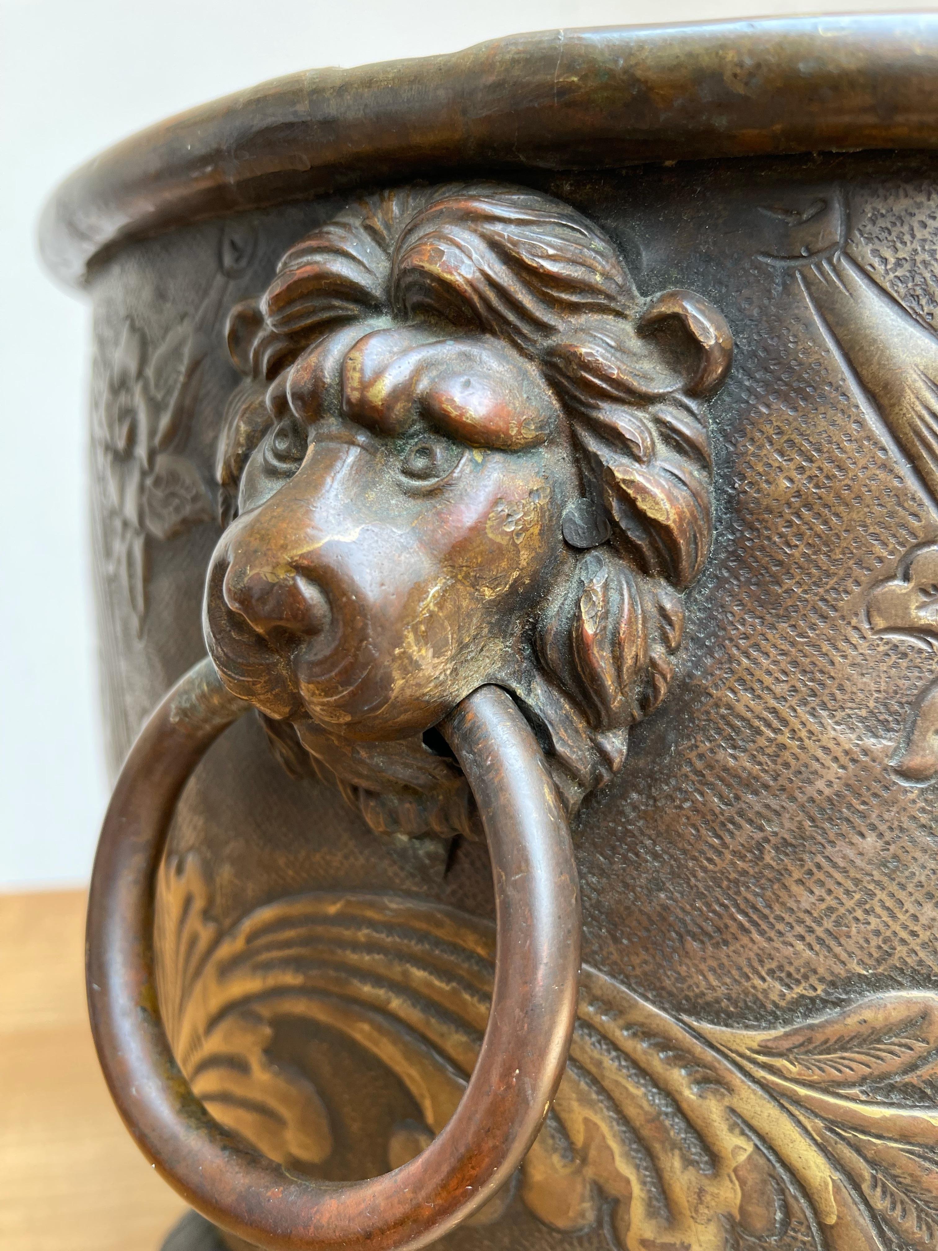 Hammered Special Brass & Bronze Log Bin / Firewood Bucket or Basket w. Lion Head Handles