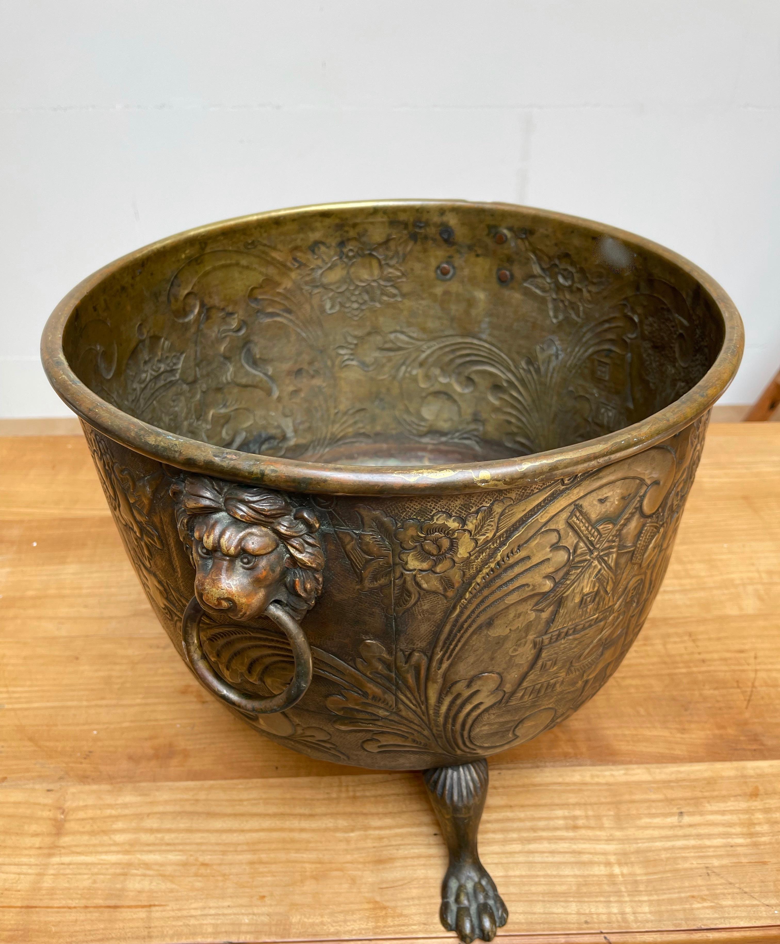 18th Century Special Brass & Bronze Log Bin / Firewood Bucket or Basket w. Lion Head Handles