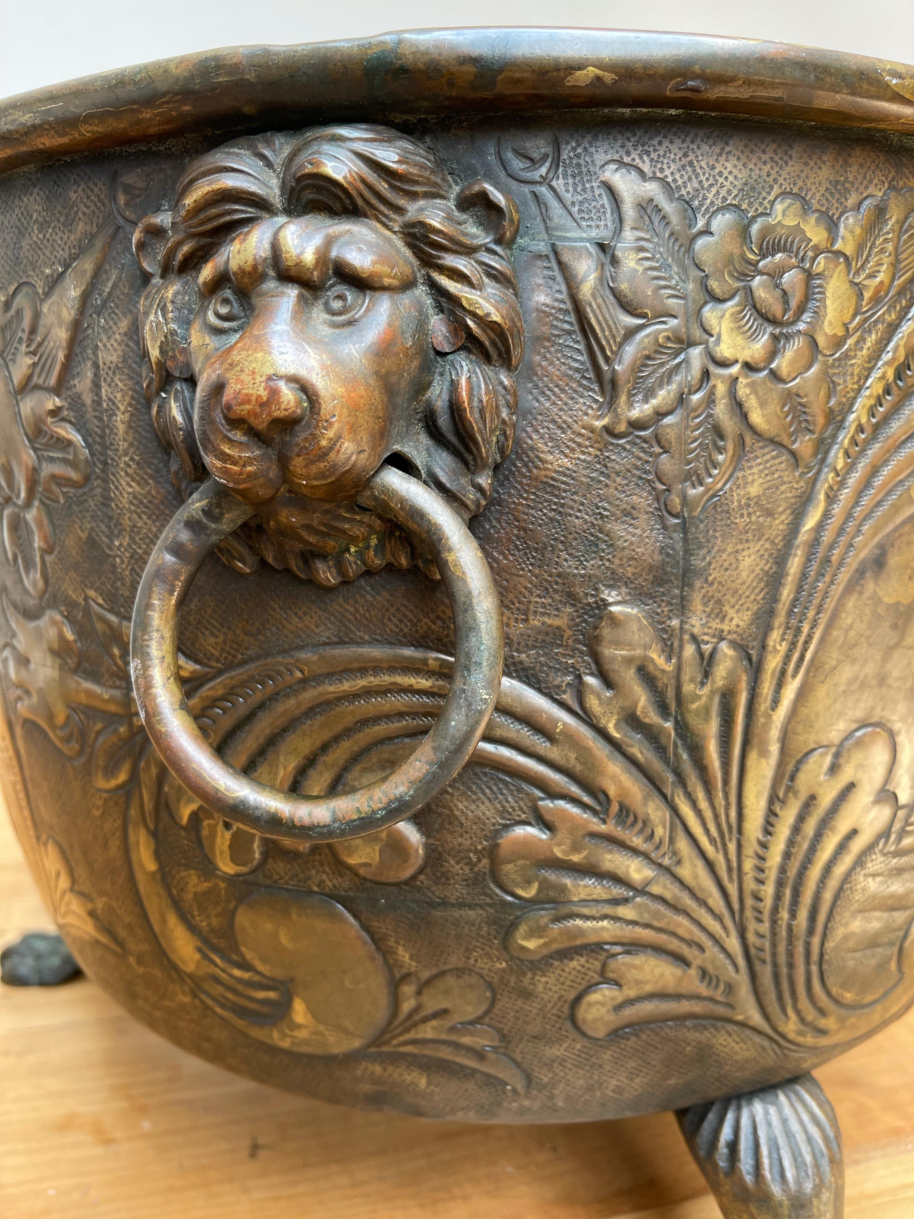 Special Brass & Bronze Log Bin / Firewood Bucket or Basket w. Lion Head Handles 3
