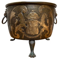 Special Brass & Bronze Log Bin / Firewood Bucket or Basket w. Lion Head Handles