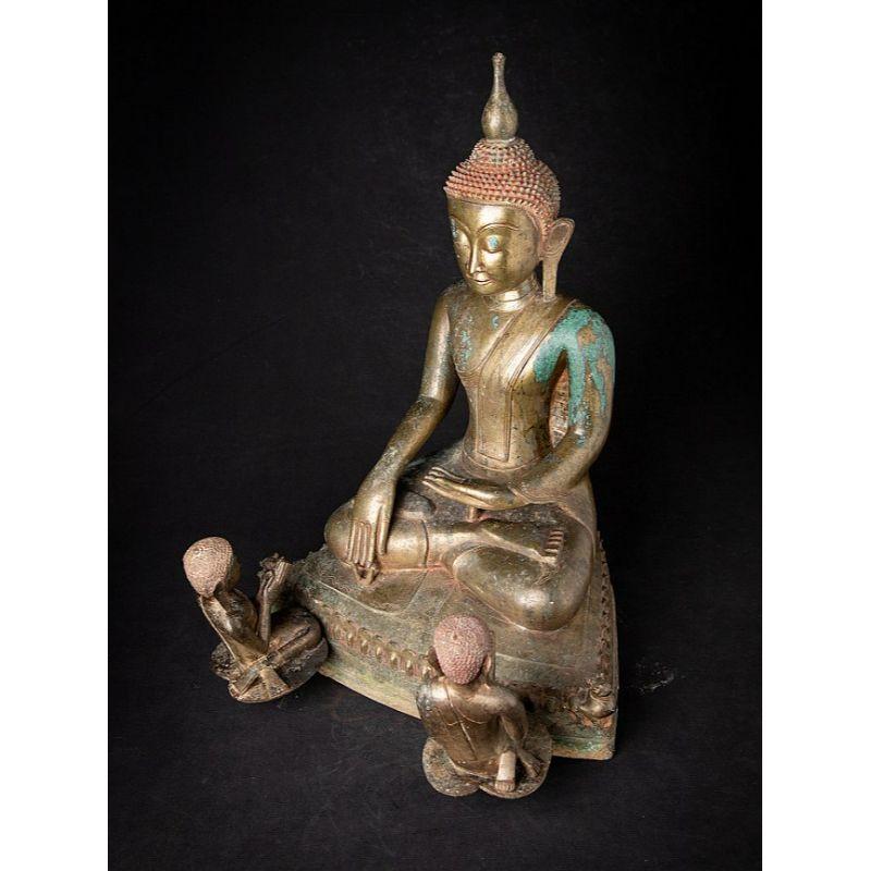 Special Bronze Burmese Buddha Statue with Two Monks from Burma For Sale 2