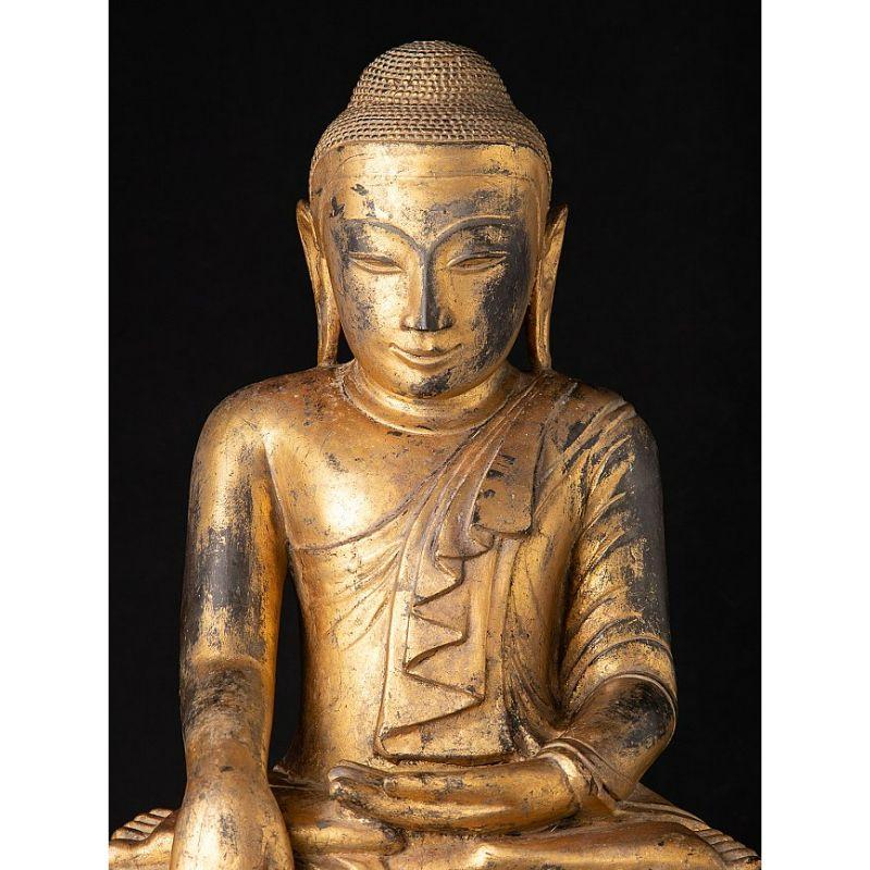 Material: wood
58 cm high 
35 cm wide and 21 cm deep
Weight: 10.5 kgs
Gilded with 24 krt. gold
Shan (Tai Yai) style
Bhumisparsha mudra
Originating from Burma
18th century
In very good condition !
With an exceptional beautiful expression