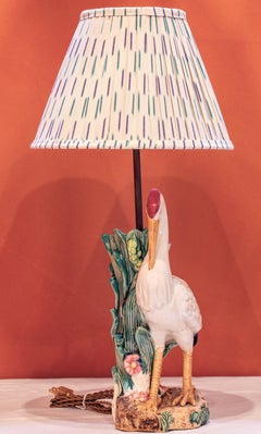 Special, Colorful Majolica Hand-Painted Heron, Stork, or Ibis Bird Lamp