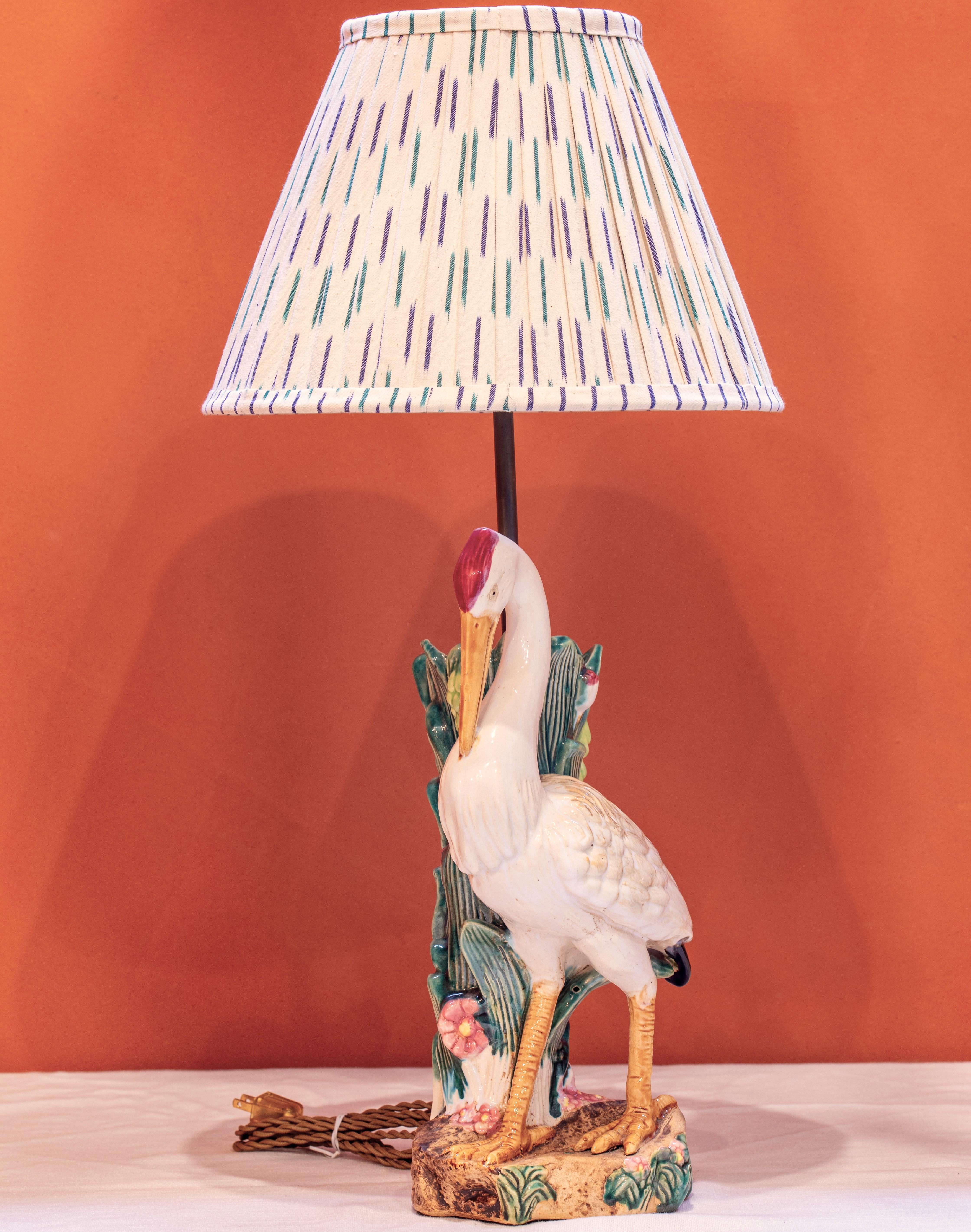 Late Victorian Special, Colorful Majolica Hand-Painted Heron, Stork, or Ibis Bird Lamp