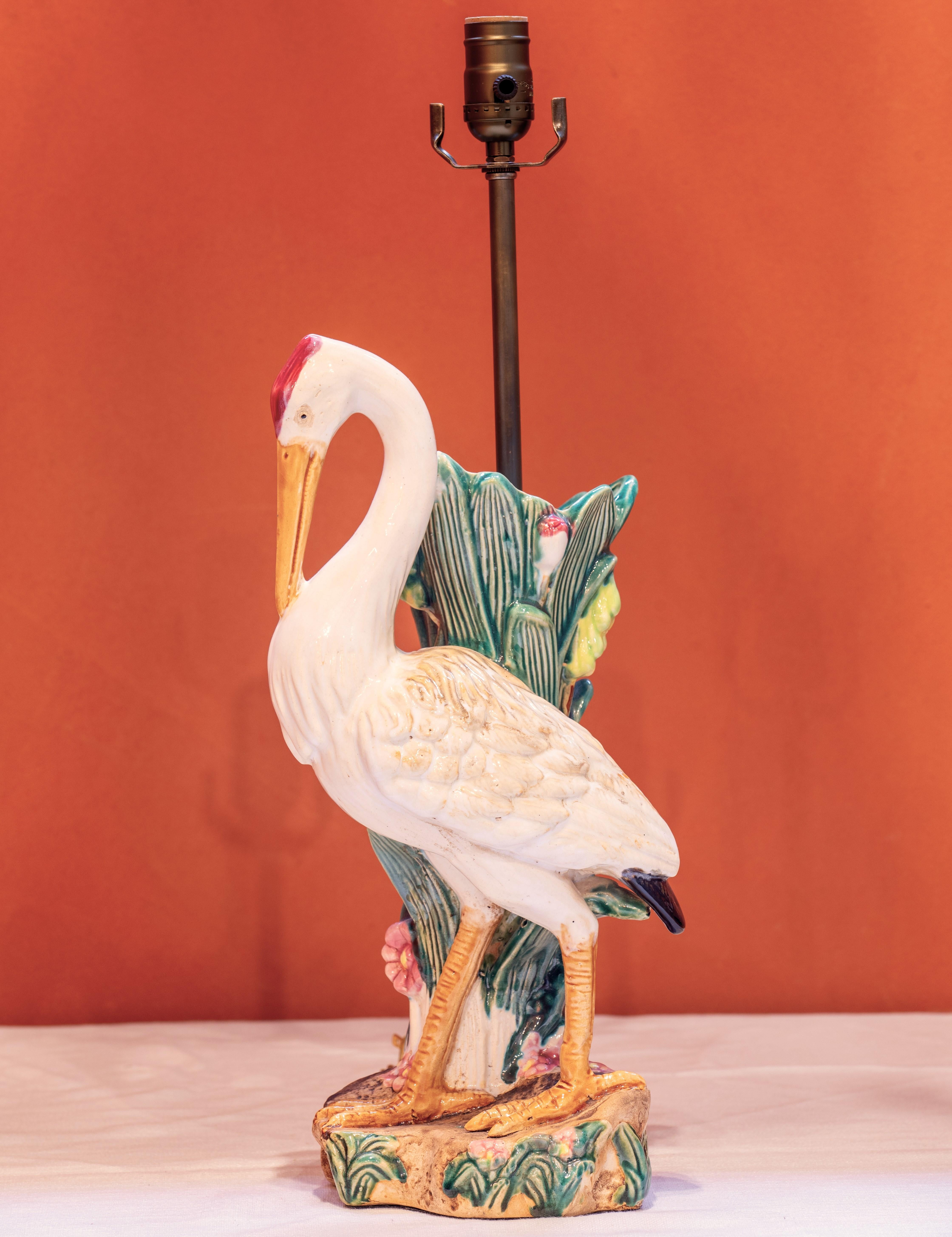 British Special, Colorful Majolica Hand-Painted Heron, Stork, or Ibis Bird Lamp
