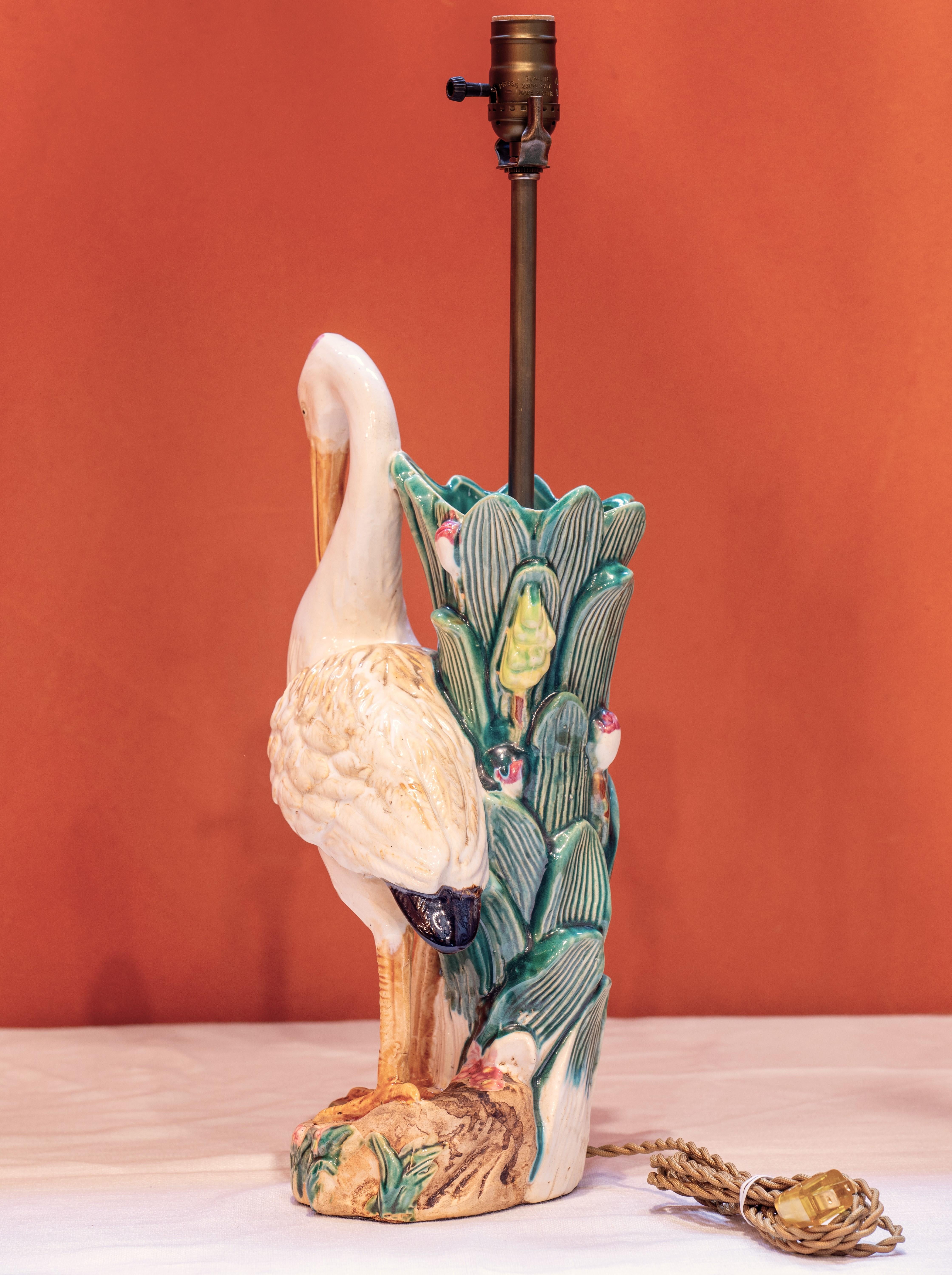 Special, Colorful Majolica Hand-Painted Heron, Stork, or Ibis Bird Lamp In Good Condition In Houston, TX