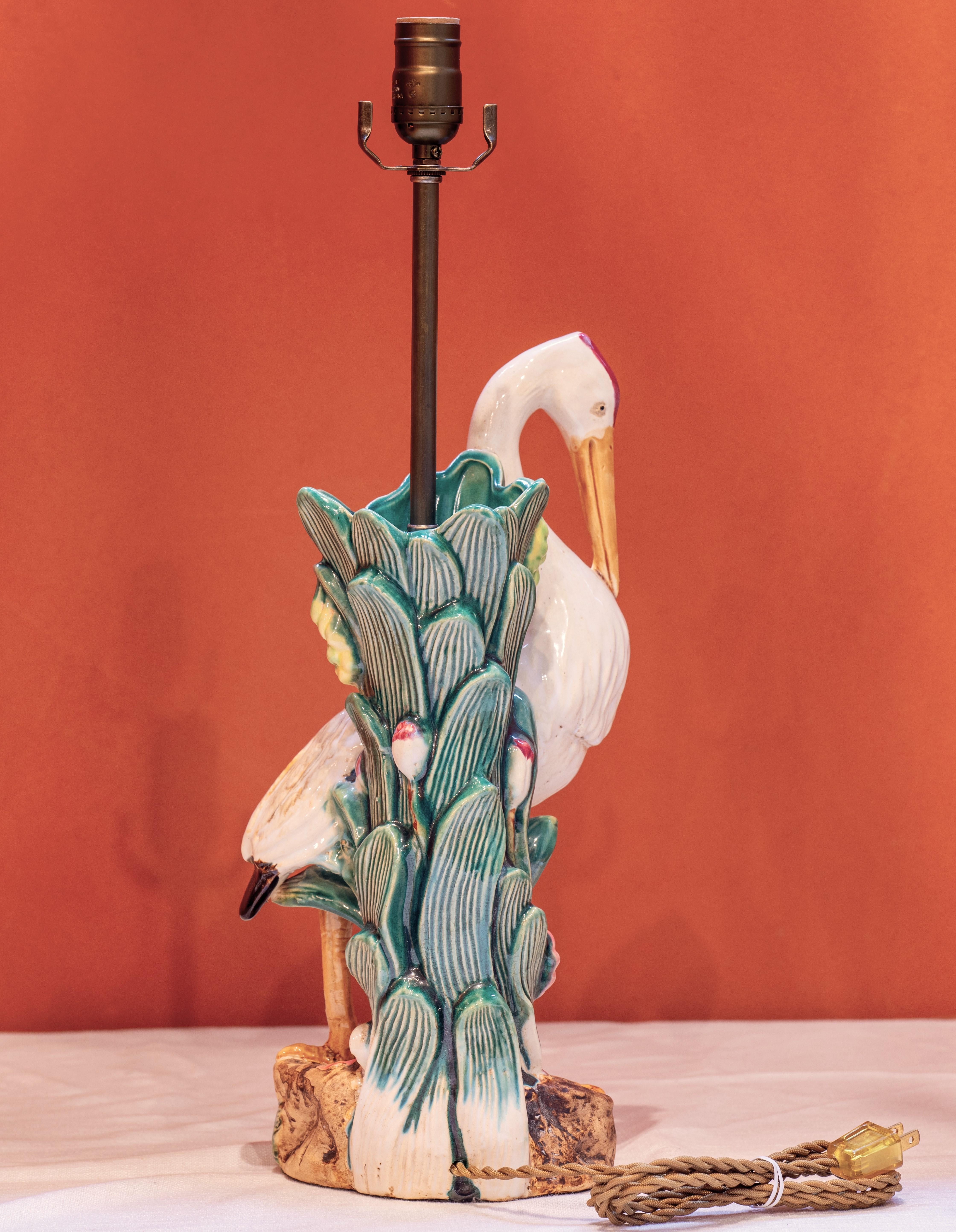Early 20th Century Special, Colorful Majolica Hand-Painted Heron, Stork, or Ibis Bird Lamp
