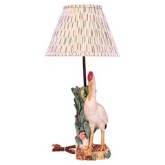 Special, Colorful Majolica Hand-Painted Heron, Stork, or Ibis Bird Lamp