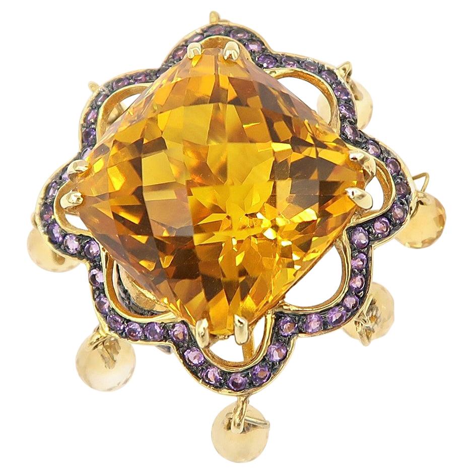 Special Cut Citrine Total 32.47 Carat Amethyst Dangle 18K Gold Ring For Sale