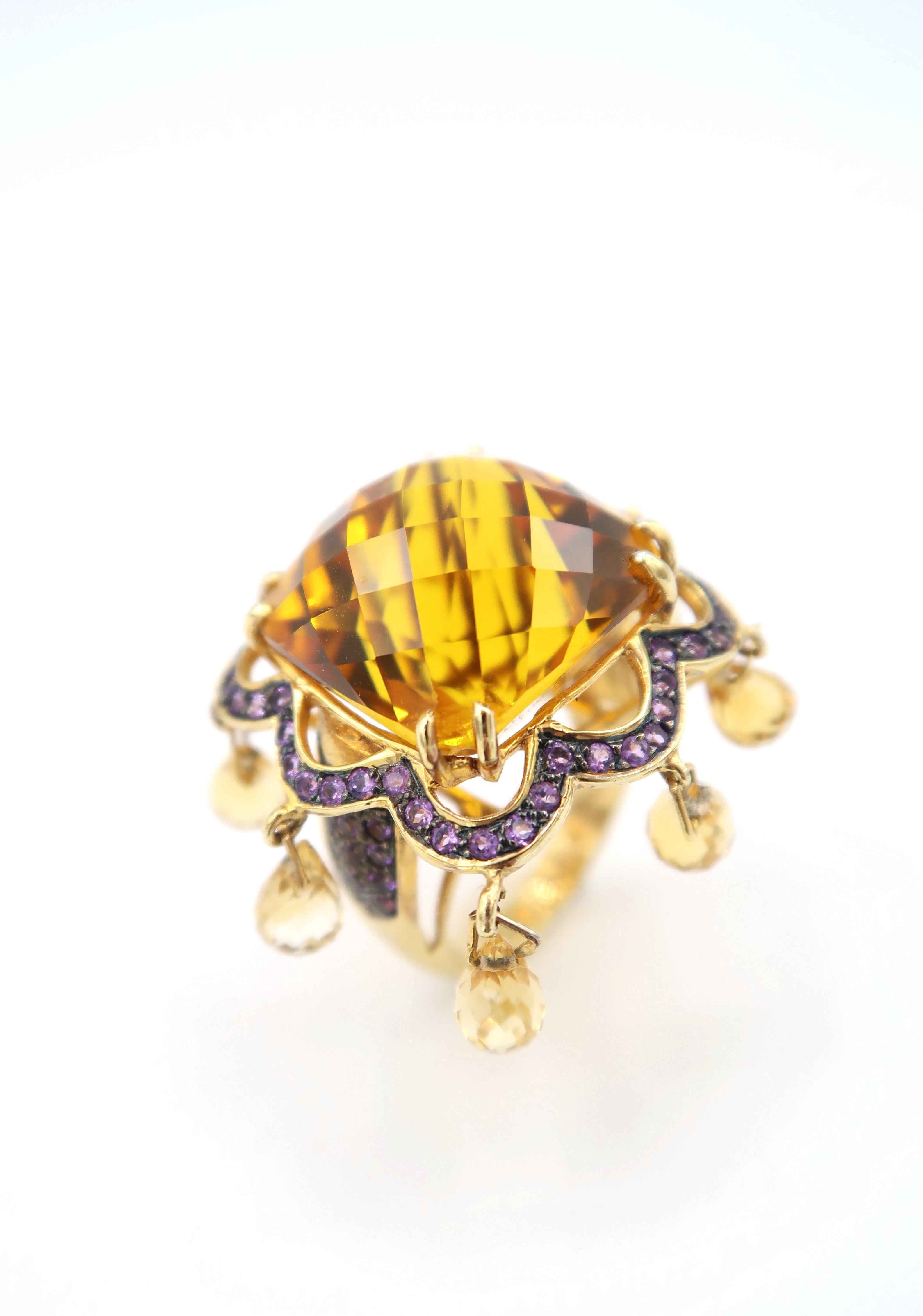Mixed Cut Special Cut Citrine Total 32.47 Carat Amethyst Dangle 18K Gold Ring For Sale