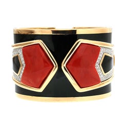Special Cut Coral Black Enamel Diamond Gold Cuff Bracelet