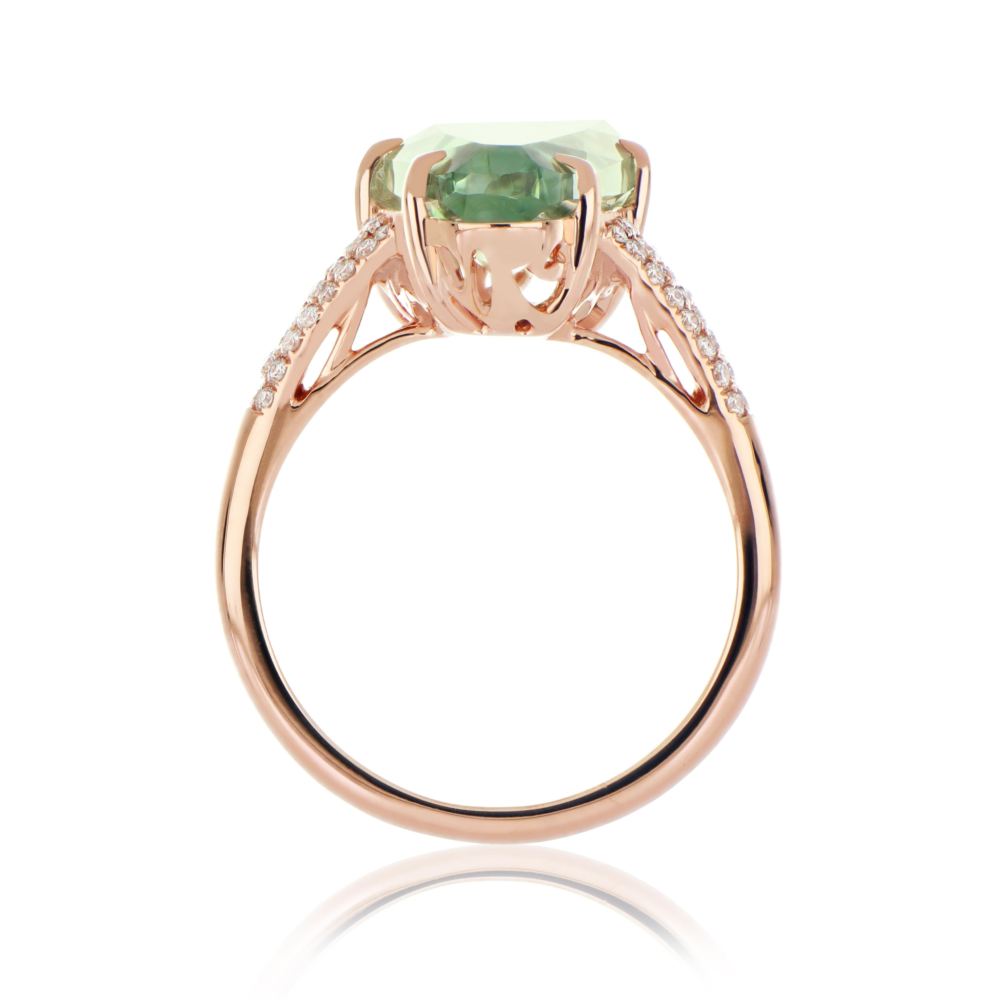For Sale:  Special Cut Mint Quartz & Diamond Studded Ring in 14K Rose Gold 7