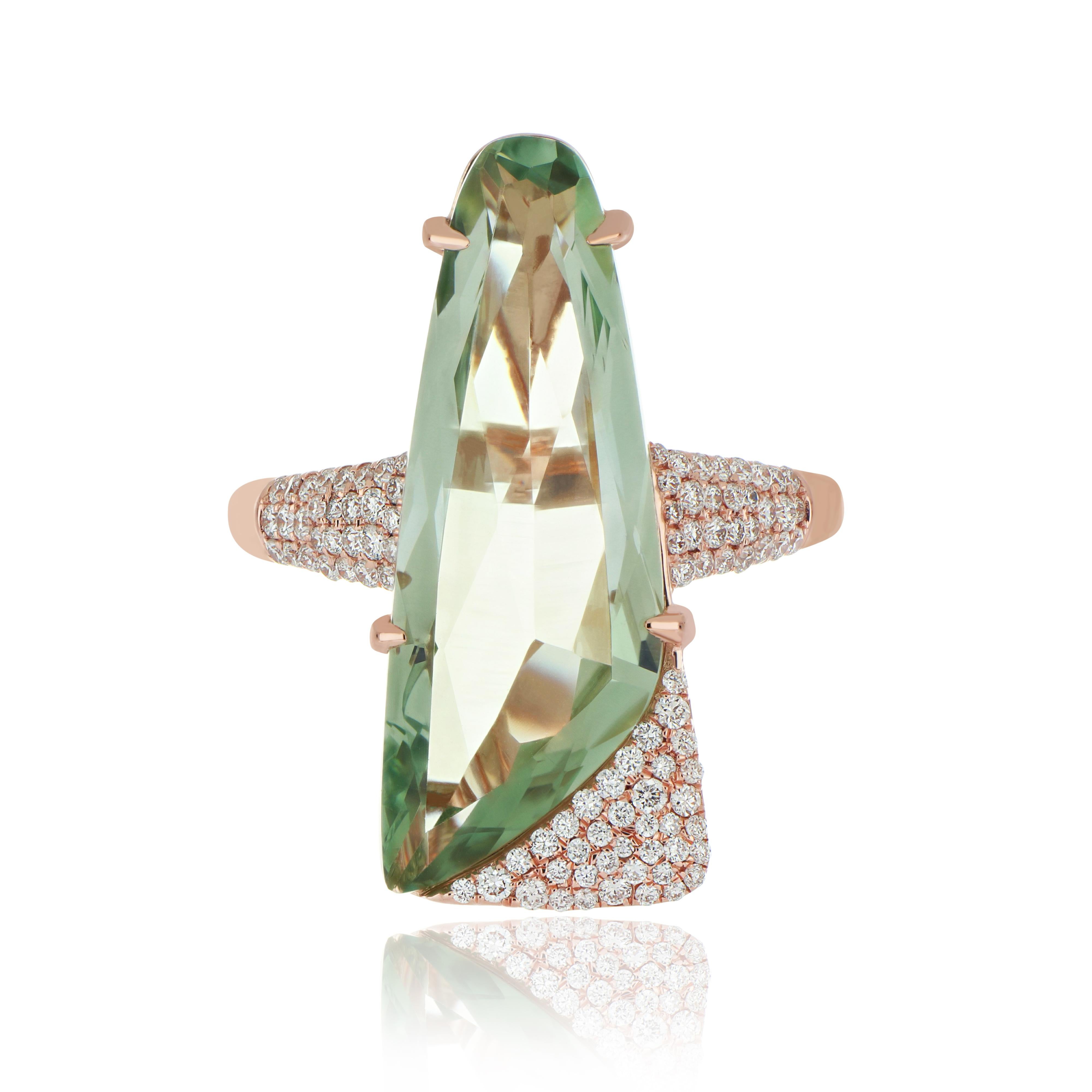 For Sale:  Special Cut Mint Quartz & Diamond Studded Ring in 14K Rose Gold 8