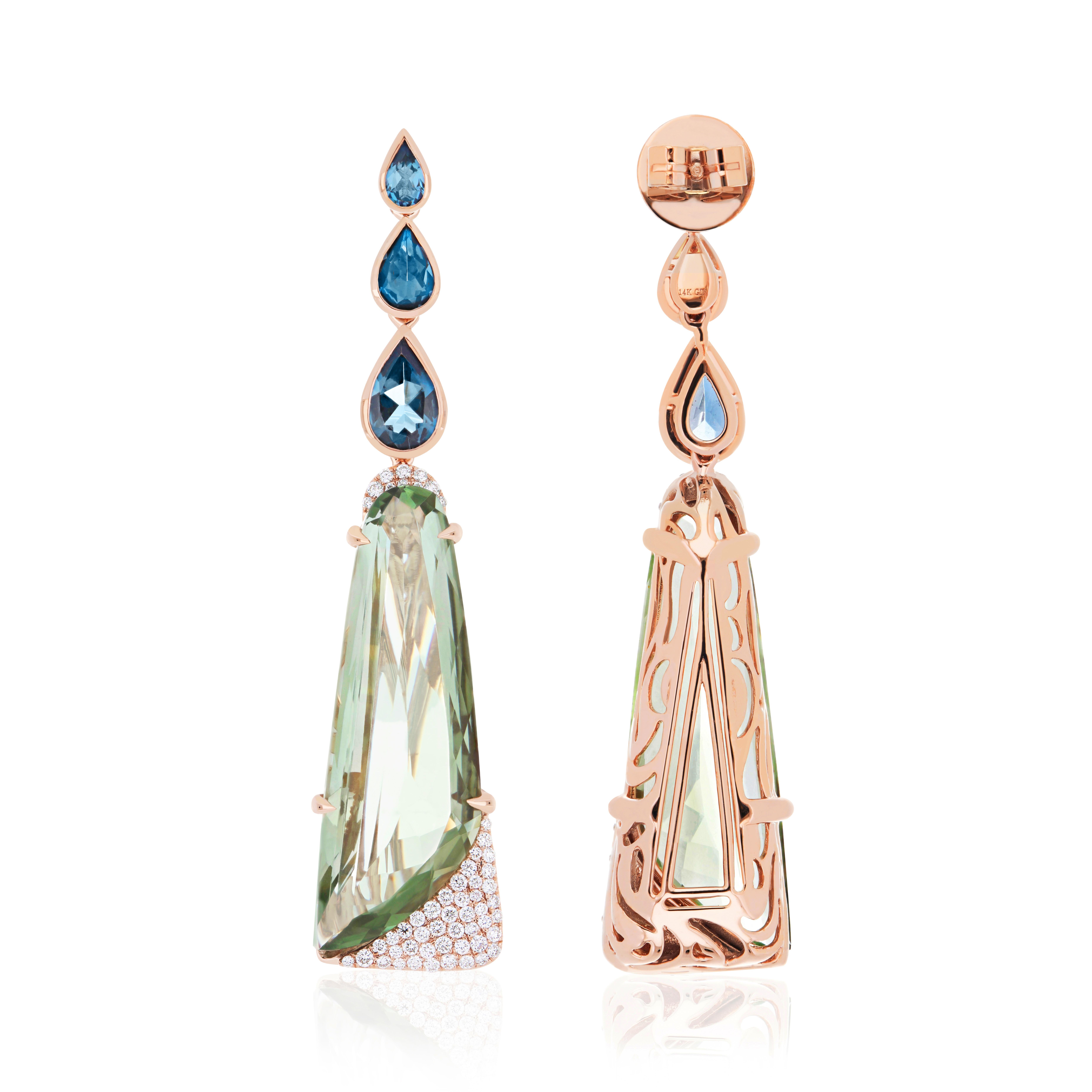 Mixed Cut Special Cut Mint Quartz, London BT & Diamond Studded Earring in 14K Rose Gold For Sale