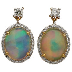 Special Dangly 4.20 Carat Jelly Opal .45 Carat Diamond 18 KT Gold Drop Earrings