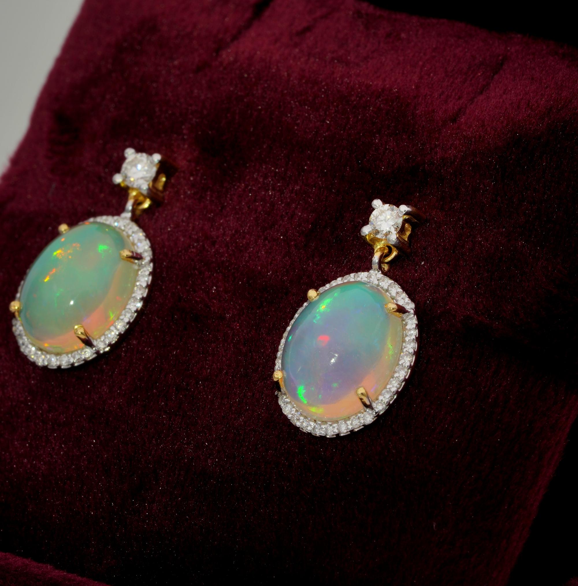 Women's Special Dangly 4.20 Carat Jelly Opal .45 Carat Diamond 18 KT Gold Drop Earrings For Sale