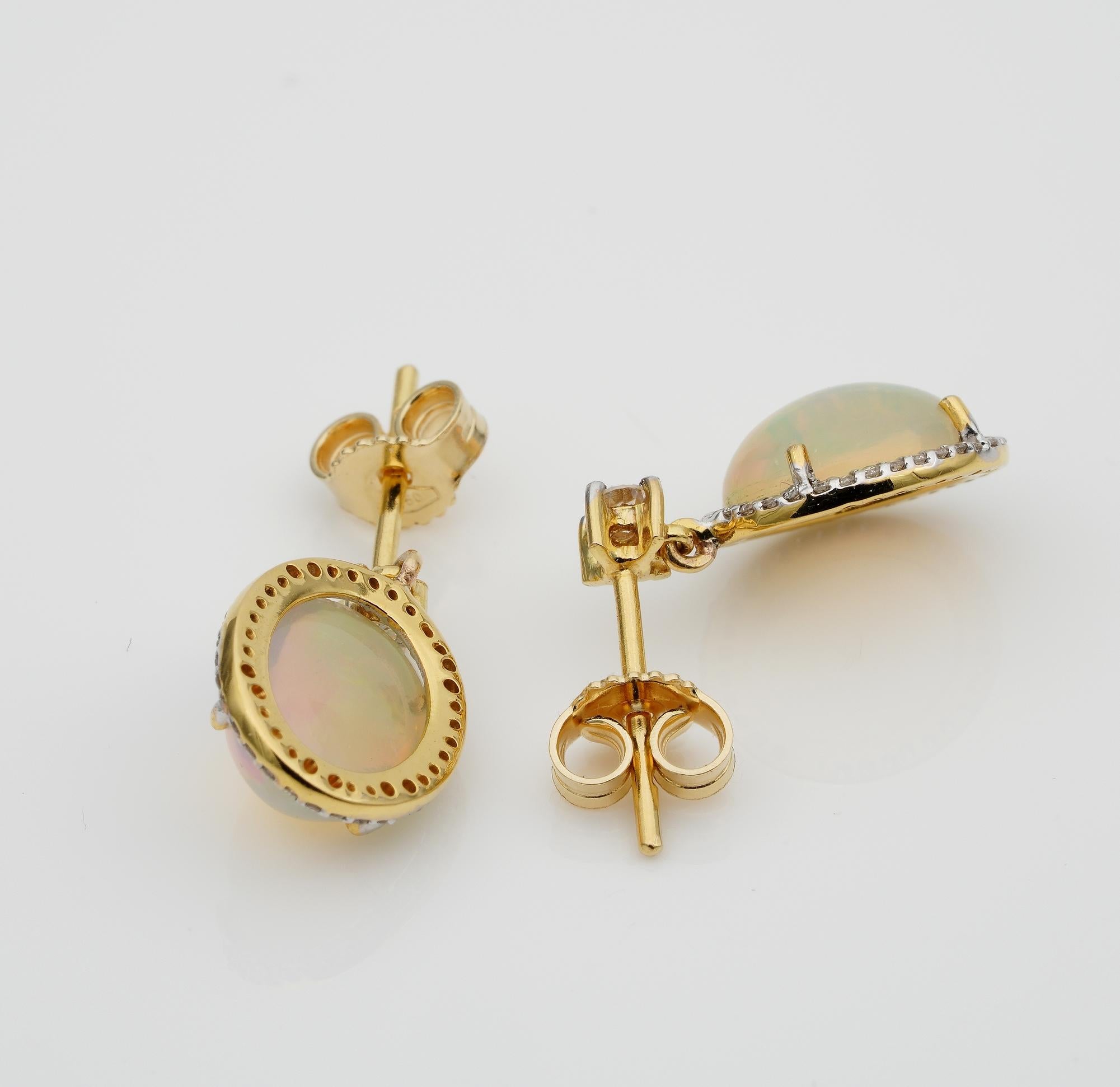 Special Dangly 4.20 Carat Jelly Opal .45 Carat Diamond 18 KT Gold Drop Earrings For Sale 1