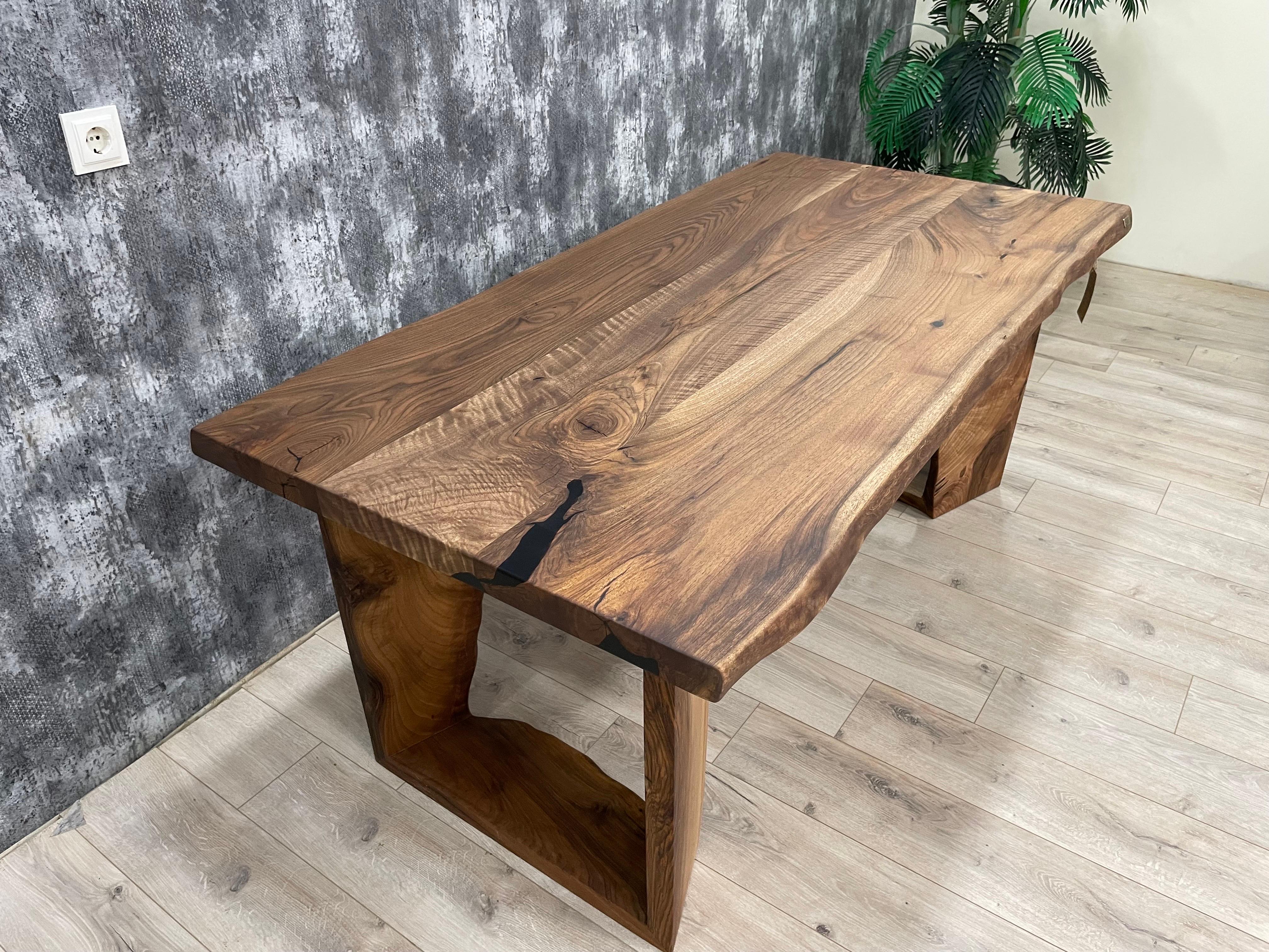 Organic Modern Rectangular Natural Form Pedestal Dining Table, Solid Walnut Wood, Made to Order For Sale
