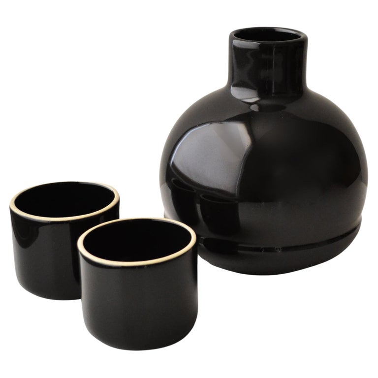 Special Edition Ceramic Carafe and Cups Bright Shine Black Jug Flower