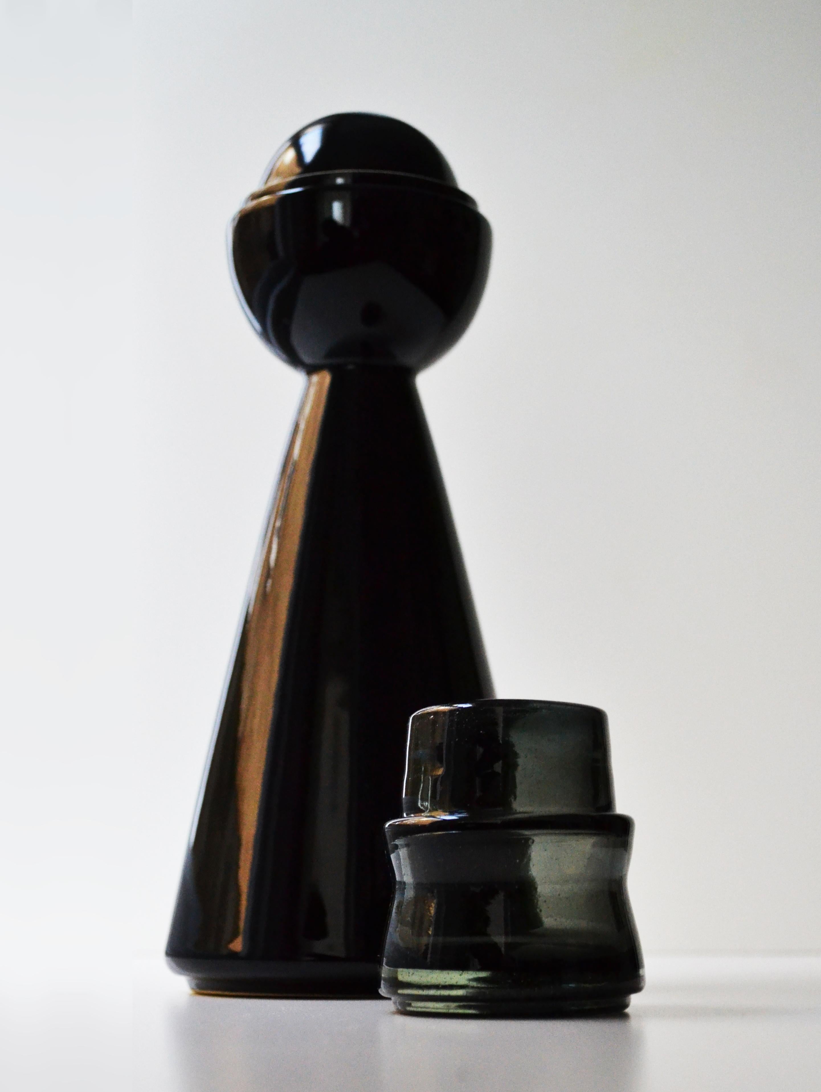 Contemporary Special Edition Ceramic Carafe and Cups Shine Black Mezcal bottle Halfmoon For Sale