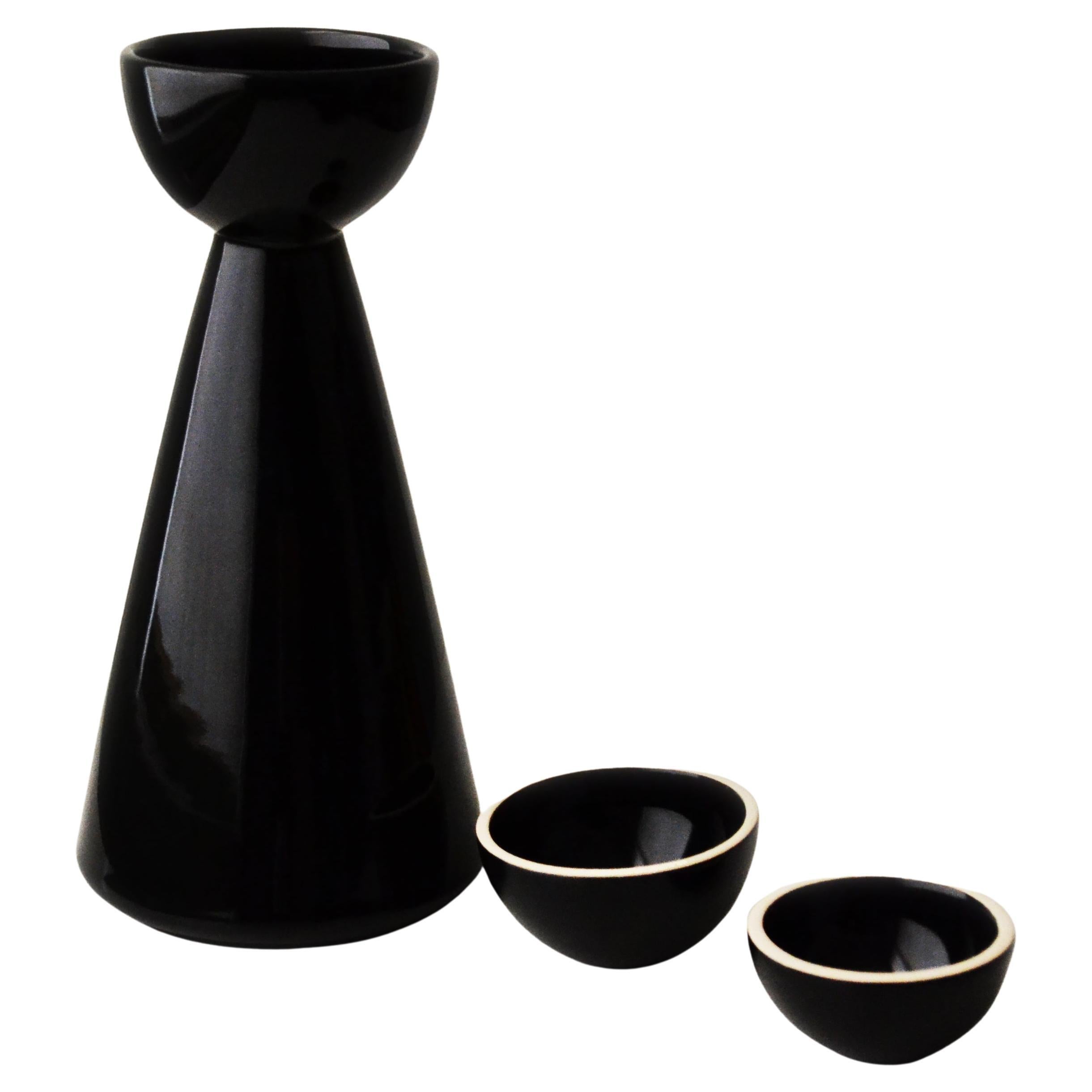 Special Edition Ceramic Carafe and Cups Shine Black Mezcal bottle Halfmoon For Sale