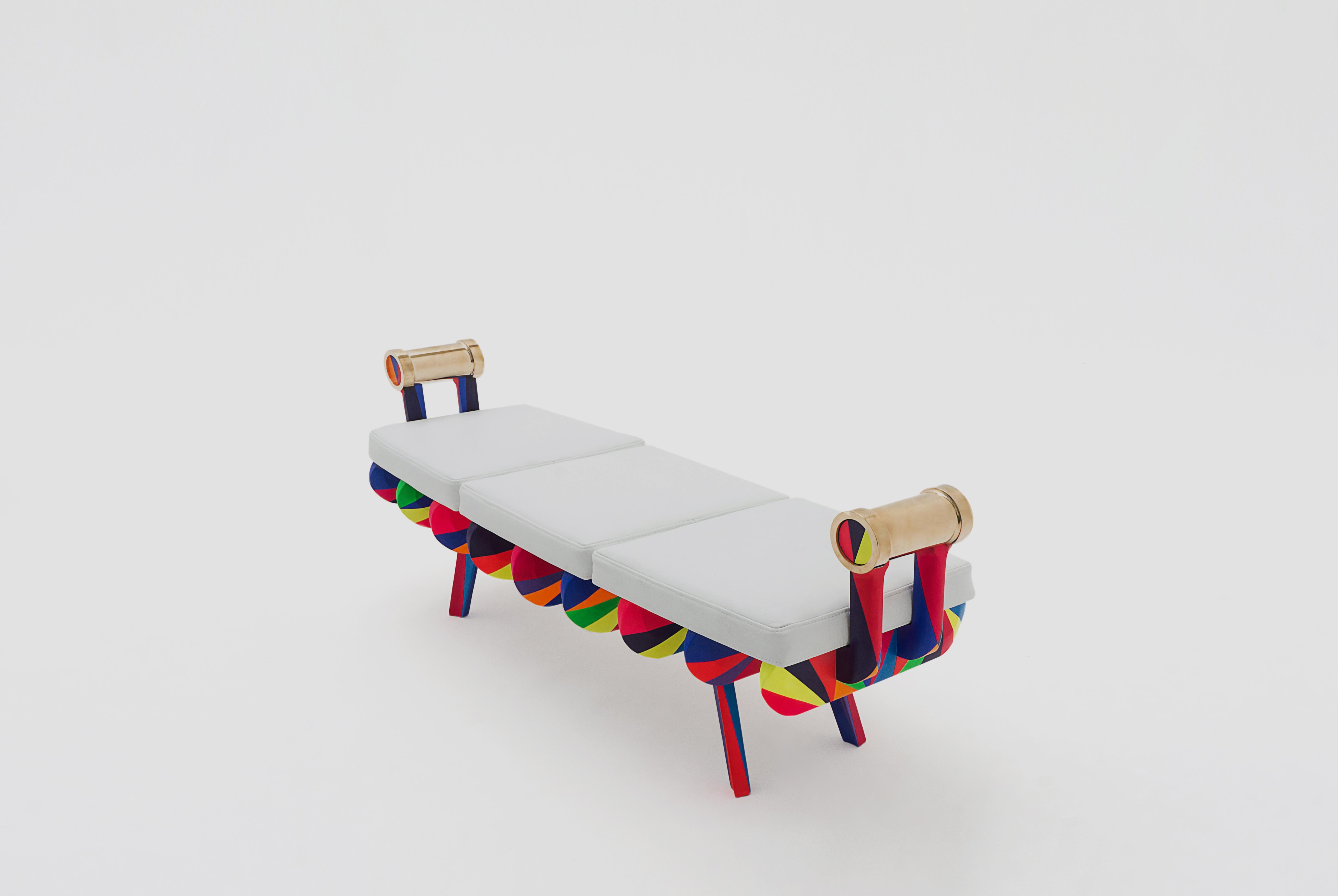 Special Edition Gor bench by Arturo Verástegui
Dimensions: D 60 x W 160 x H 50 cm
Materials: wood, leather, bronze.

Bronze with white Sonora leather benc, intervened in lacquer by Lao Gabrielli.

Arturo Verástegui has been the director and