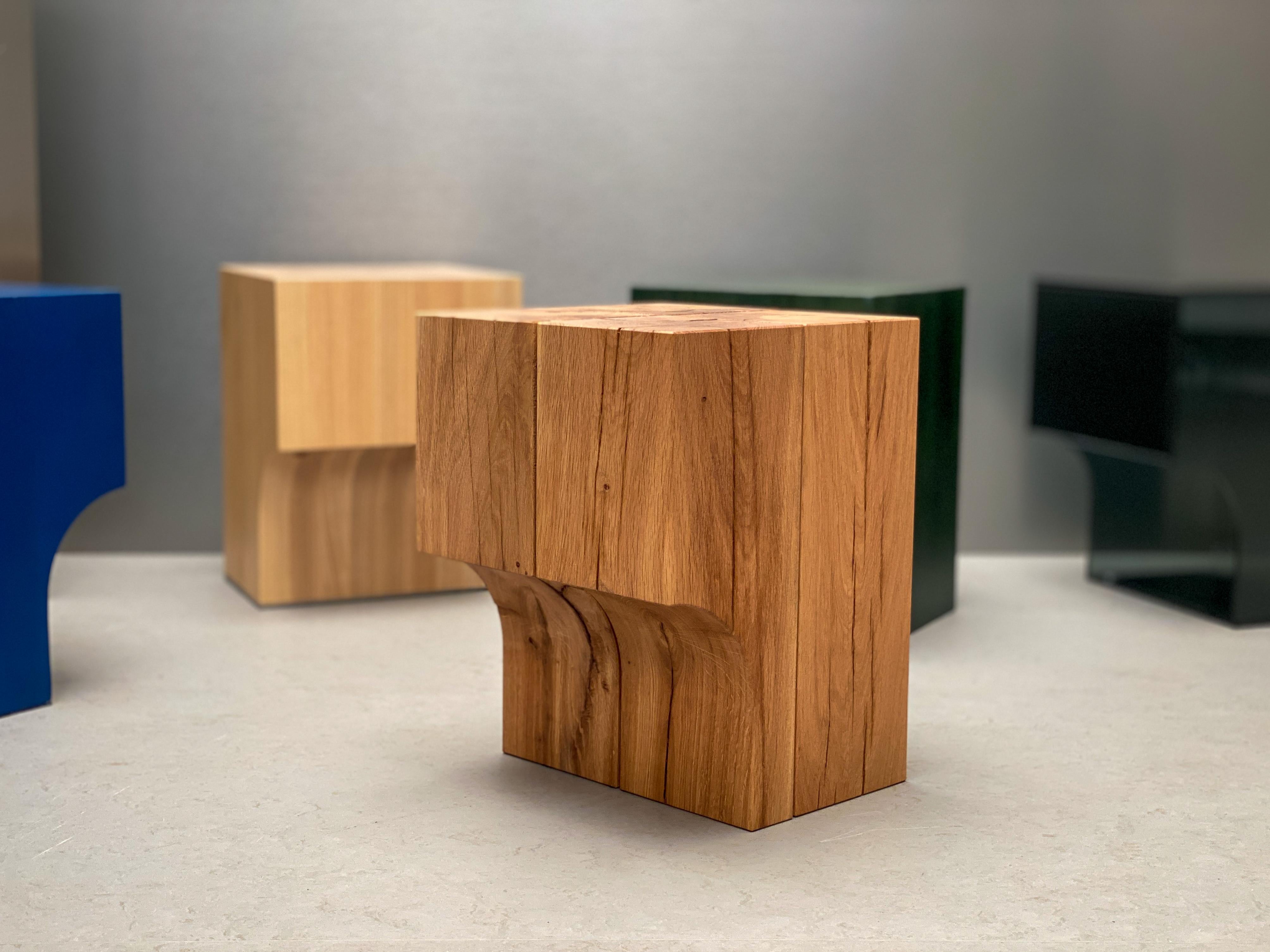 Arch 01.1 is a stool or a side table with a clear design language. What looks like a static element quickly becomes much more dynamic when in use by someone sitting on it. The curve that slims down the seating object, creates a difference in mass,