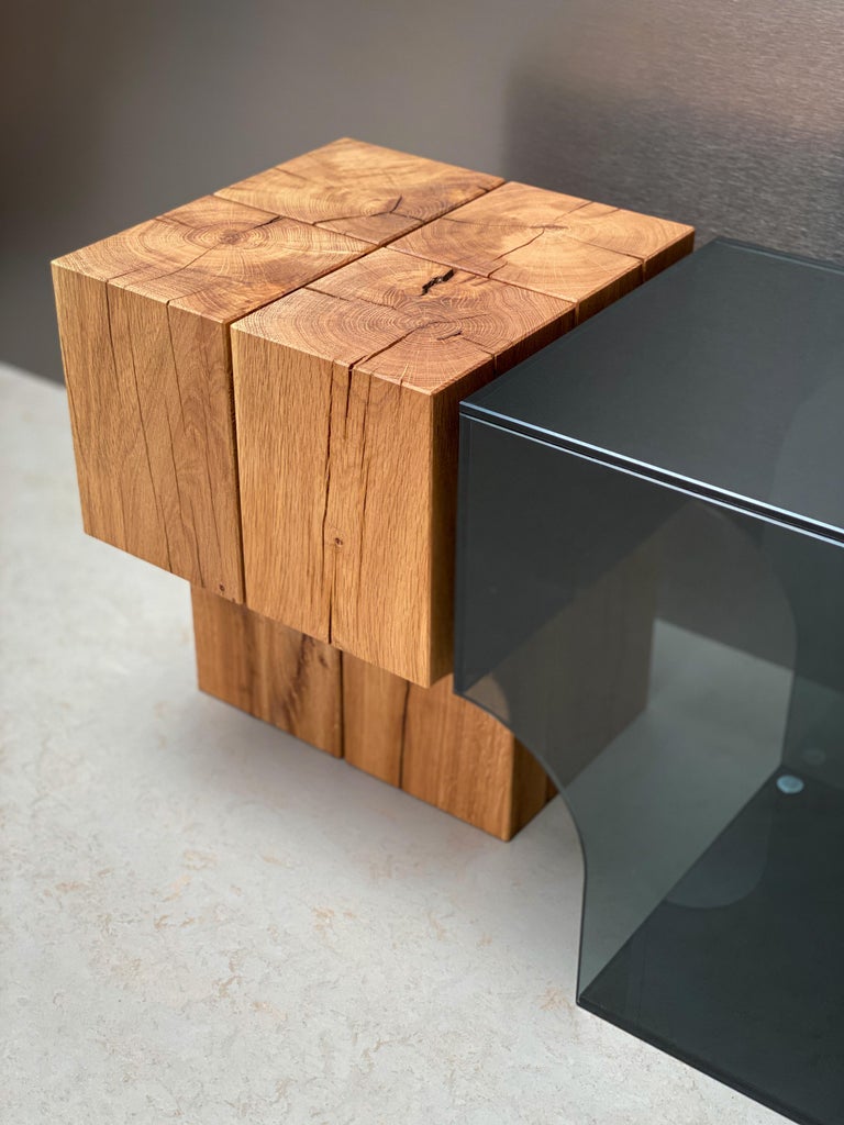 Contemporary arch stool side table, natural oak and brass details ...