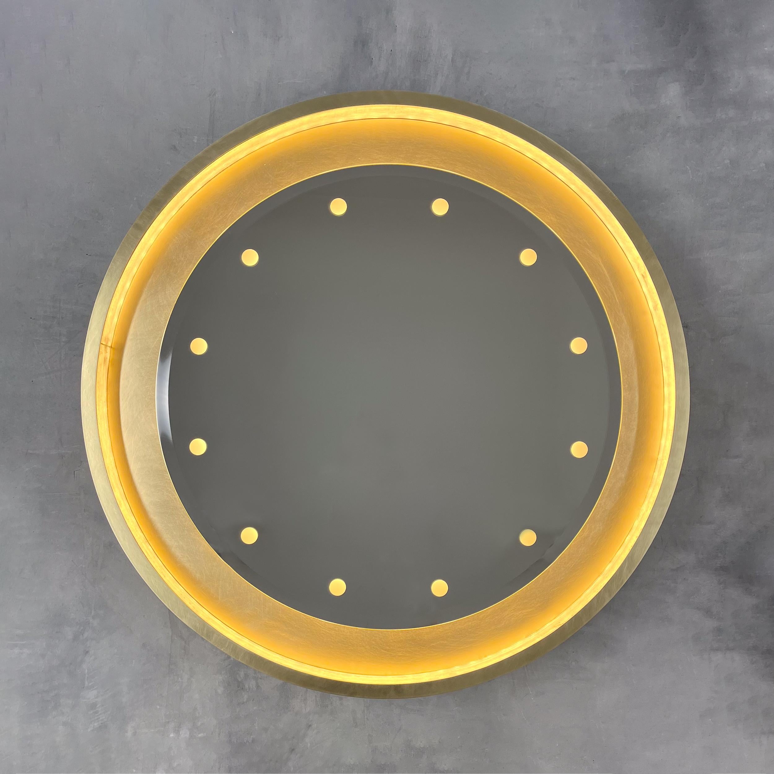 British Special edition Orbis Round Mirror, Brass Frame, Bevel and Bespoke Illumination For Sale