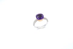 Stackable Special Faceted Amethyst Ring Diamond Pavé 18 Karat Gold