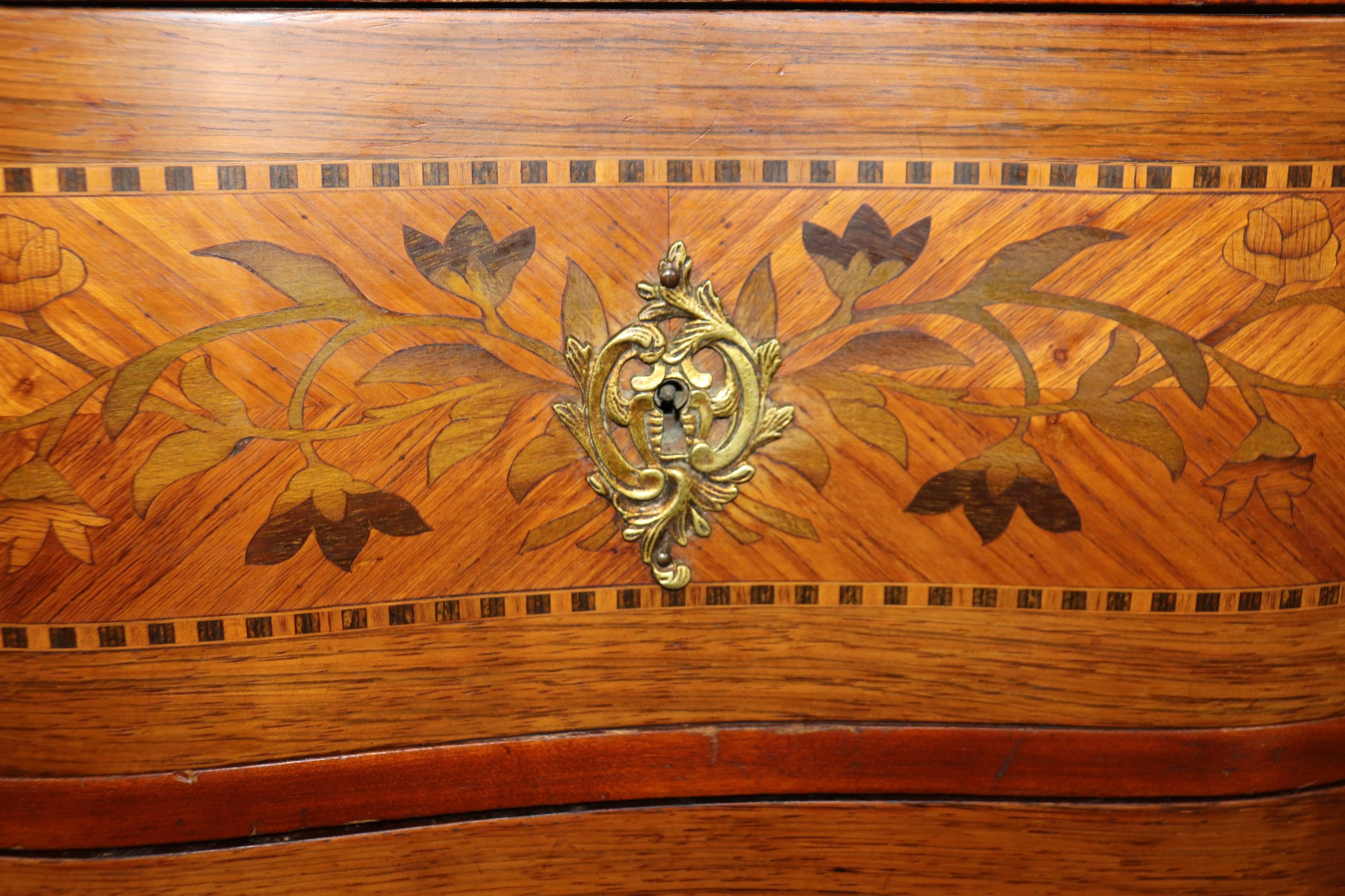 Special Faux Paint Decorated Marble Top Inlaid French Louis XV Wide Dresser 1930 For Sale 4