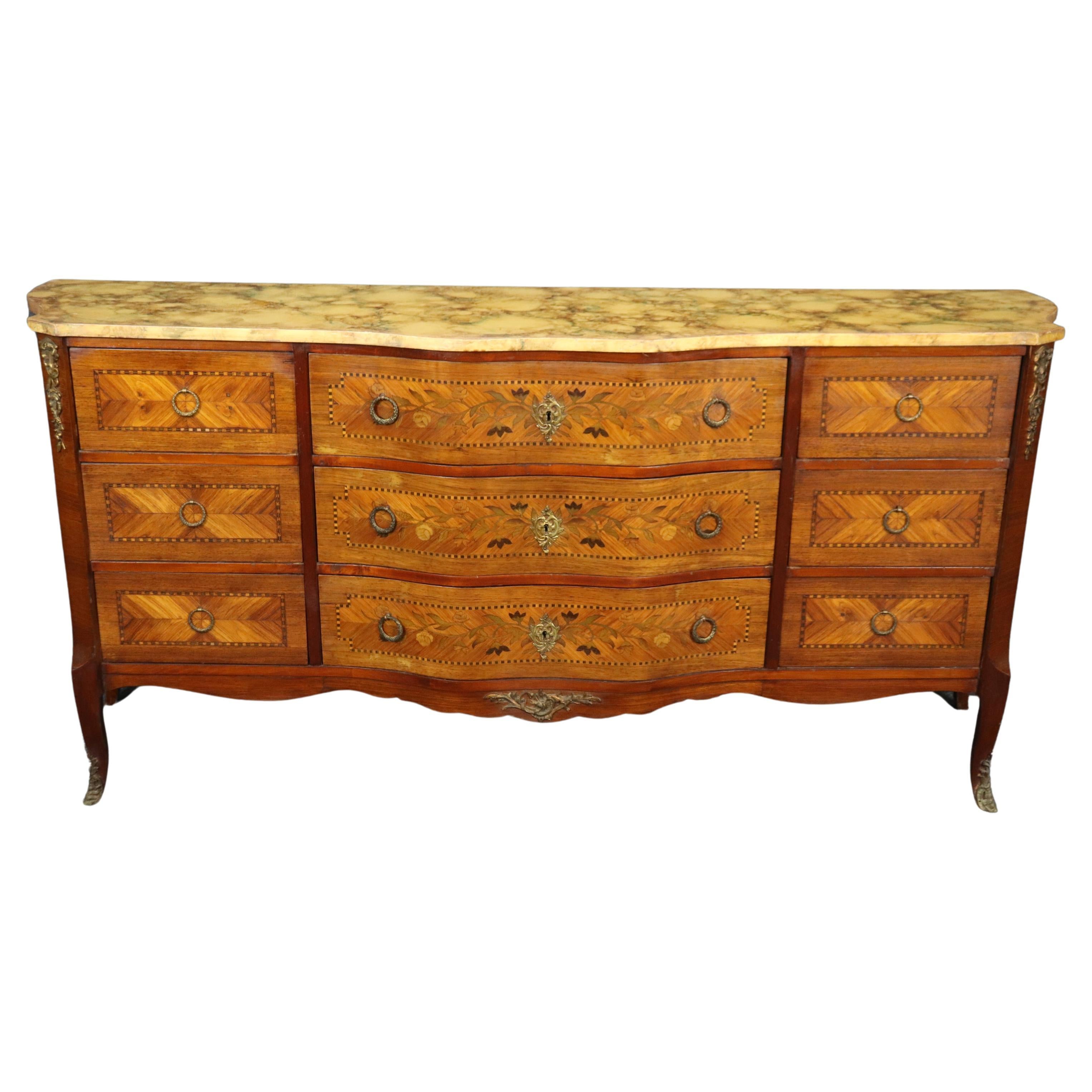 Special Faux Paint Decorated Marble Top Inlaid French Louis XV Wide Dresser 1930 For Sale