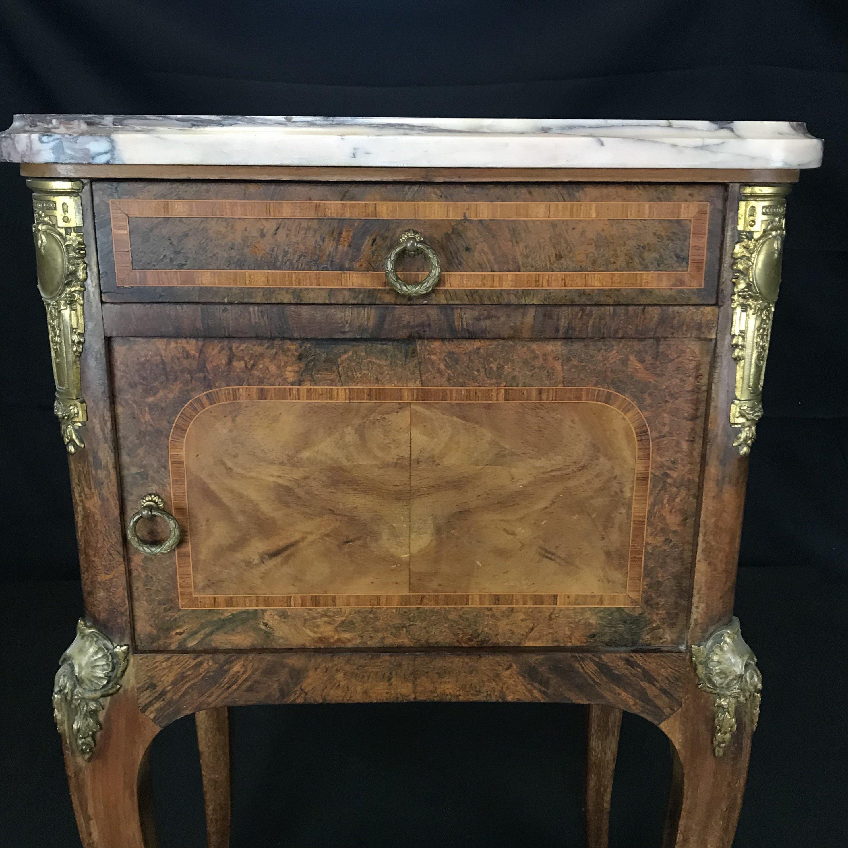 Bronze Special French 19th Century Inlaid Marble Top Nightstand or Side Table For Sale