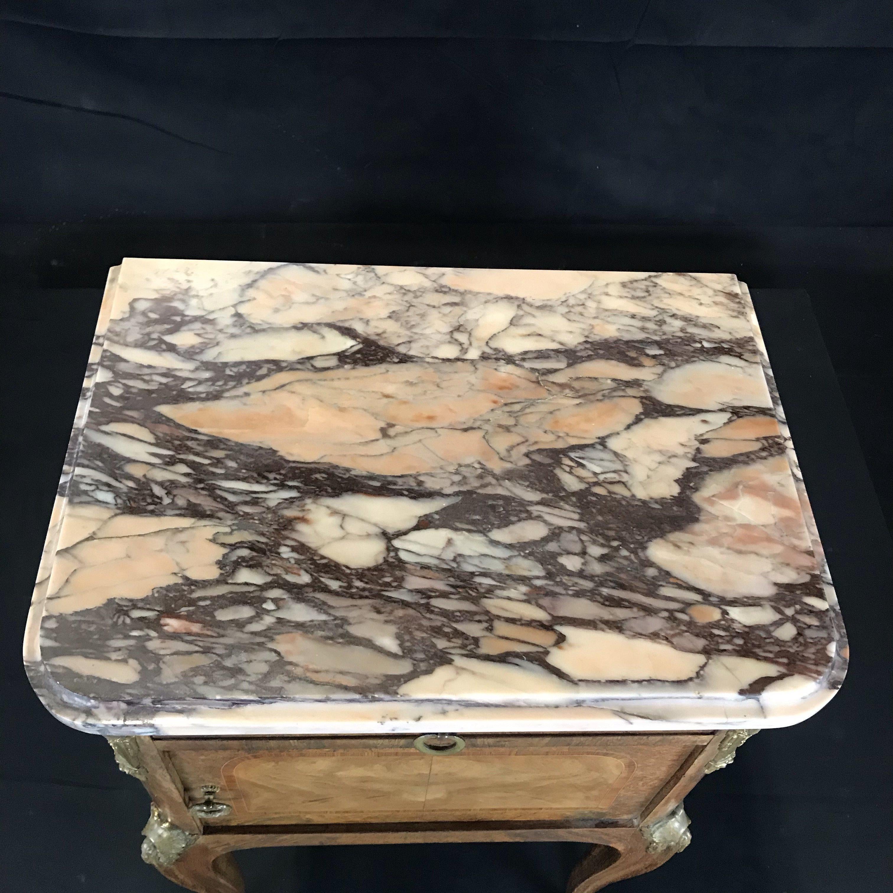 Special French 19th Century Inlaid Marble Top Nightstand or Side Table For Sale 1