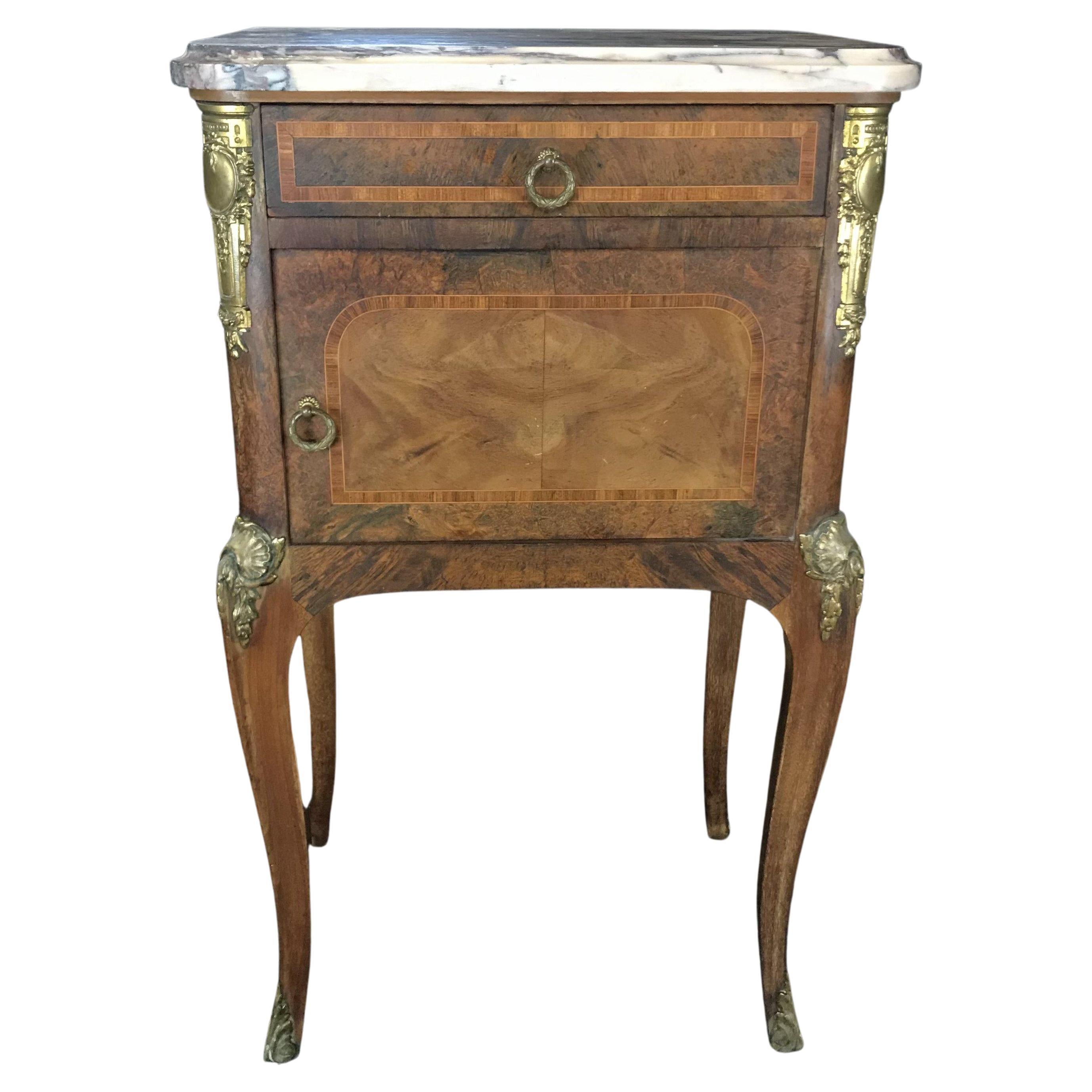 Special French 19th Century Inlaid Marble Top Nightstand or Side Table