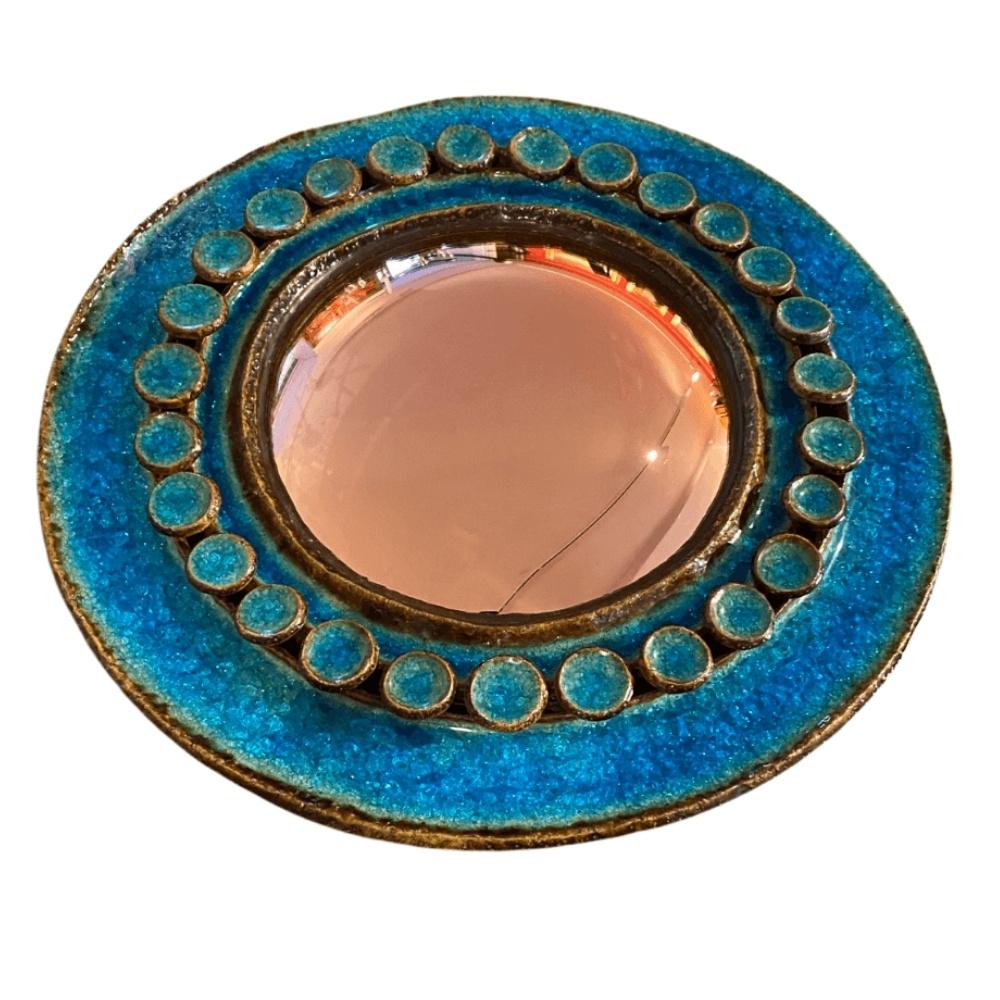Stylish, rare piece. Turquoise fused enameled glass in a ceramic frame. He used a special custom enameled technique on his ceramics. Artwork between 1970-1980. In its convex mirror, we get an exciting, wide-angle reflection. The creator is Gyula