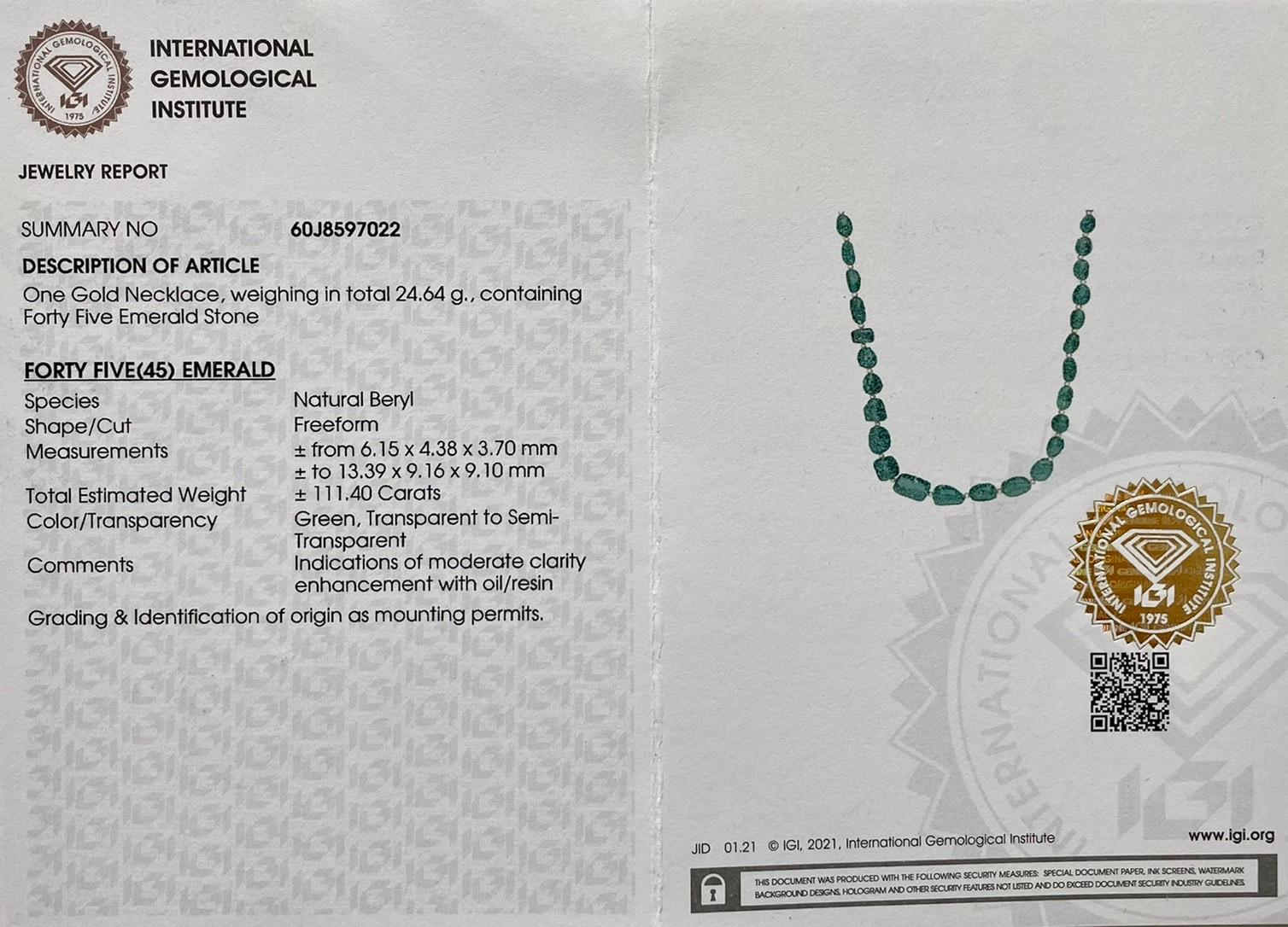IGI 14K 111.40 Ct Emerald Antique Art Deco Style Necklace For Sale 3