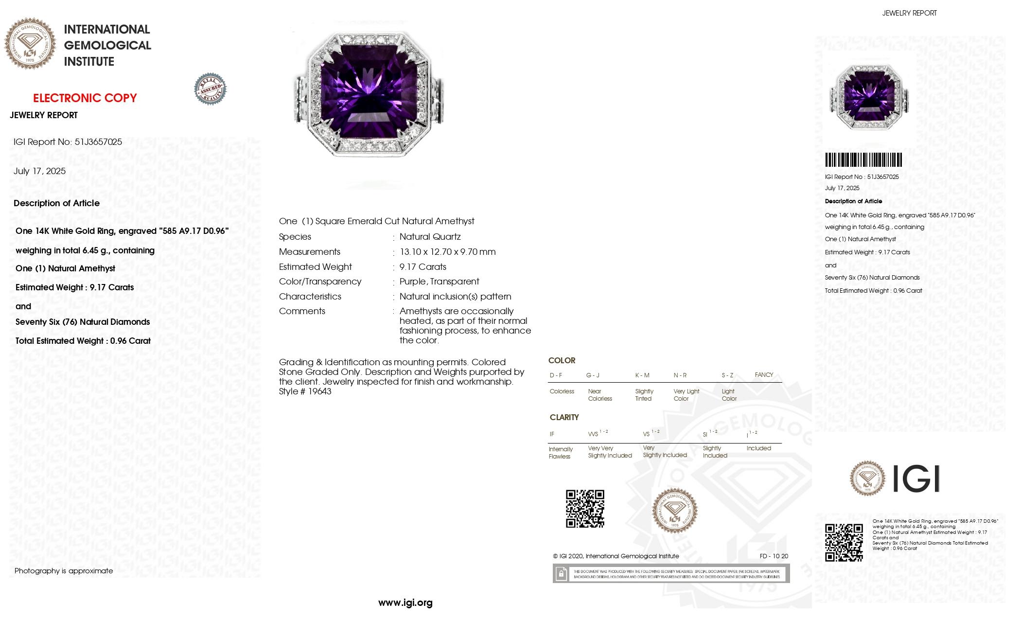 Contemporary *Special* IGI 14K 9.17 ct Amethyst&0.96 Ct Diamonds Antique Engagement Ring For Sale