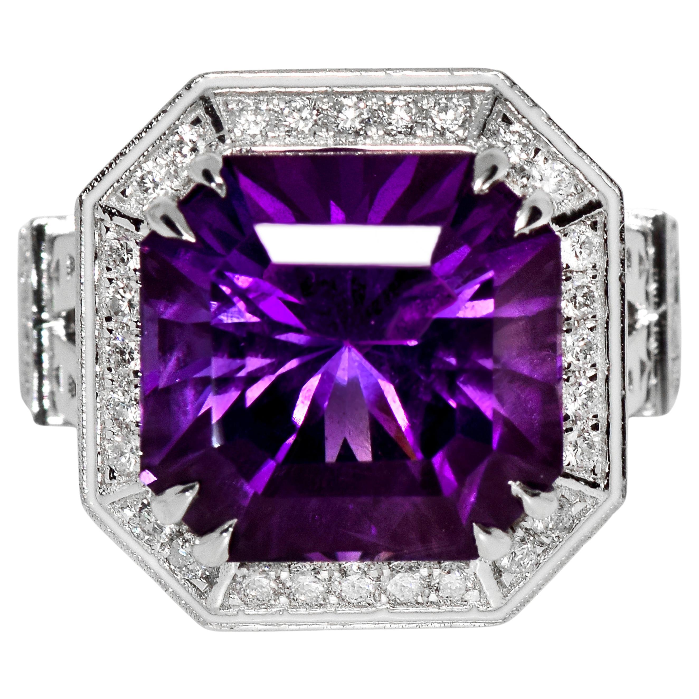 *Special* IGI 14K 9.17 ct Amethyst&0.96 Ct Diamonds Antique Engagement Ring For Sale