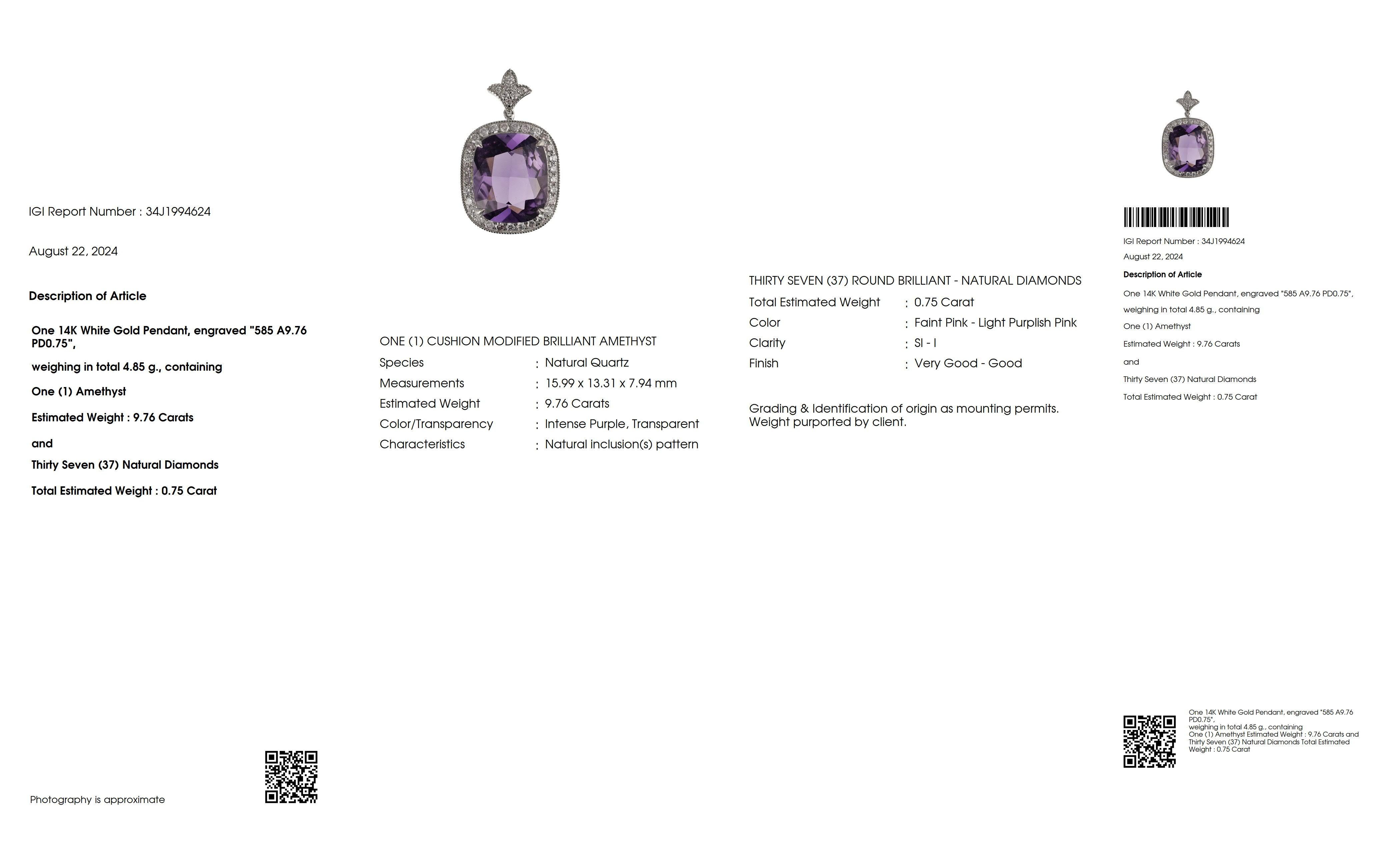 Contemporary *Special* IGI 14K 9.76 ct Amethyst&0.75 Ct Pink Diamond Necklace For Sale