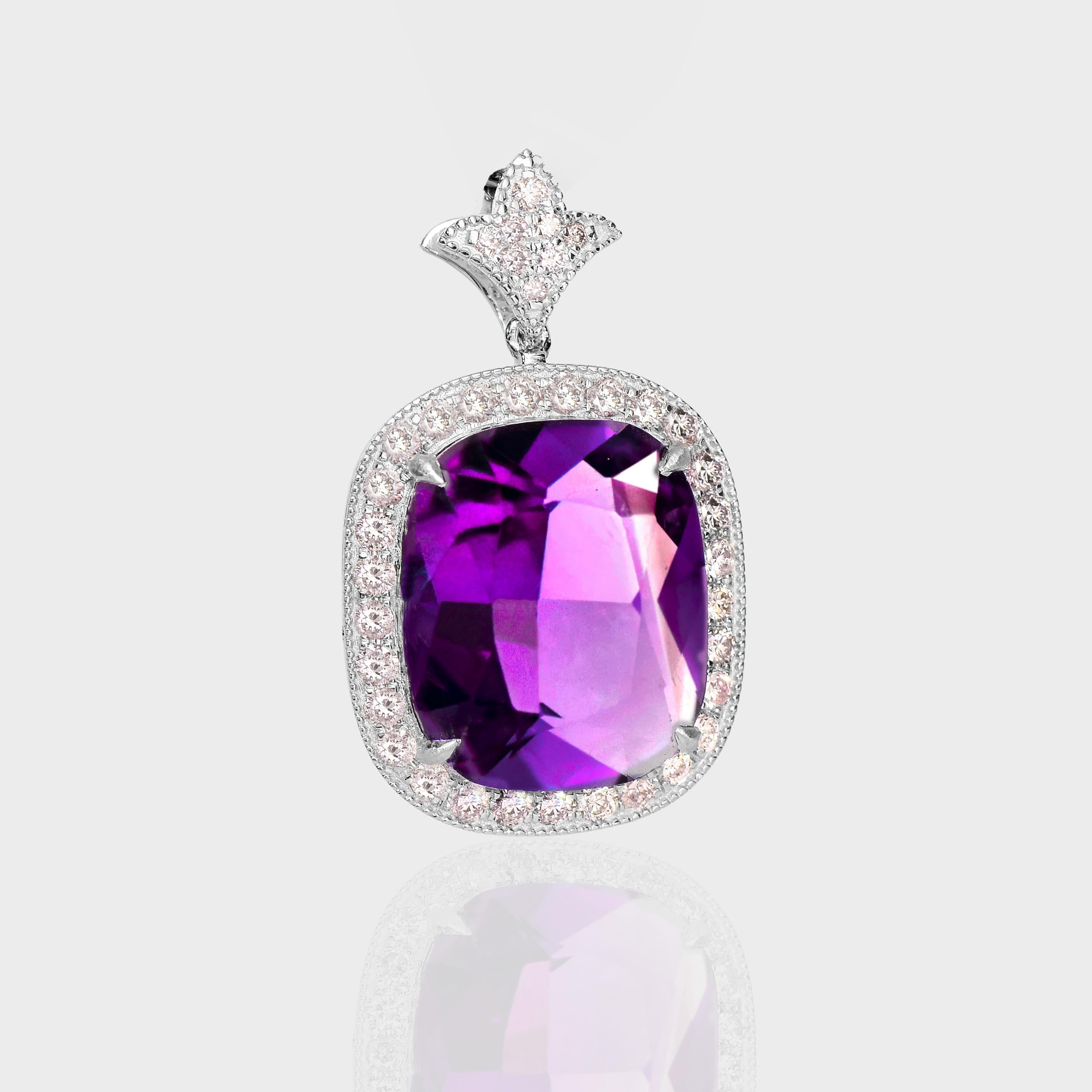 Emerald Cut *Special* IGI 14K 9.76 ct Amethyst&0.75 Ct Pink Diamond Necklace For Sale