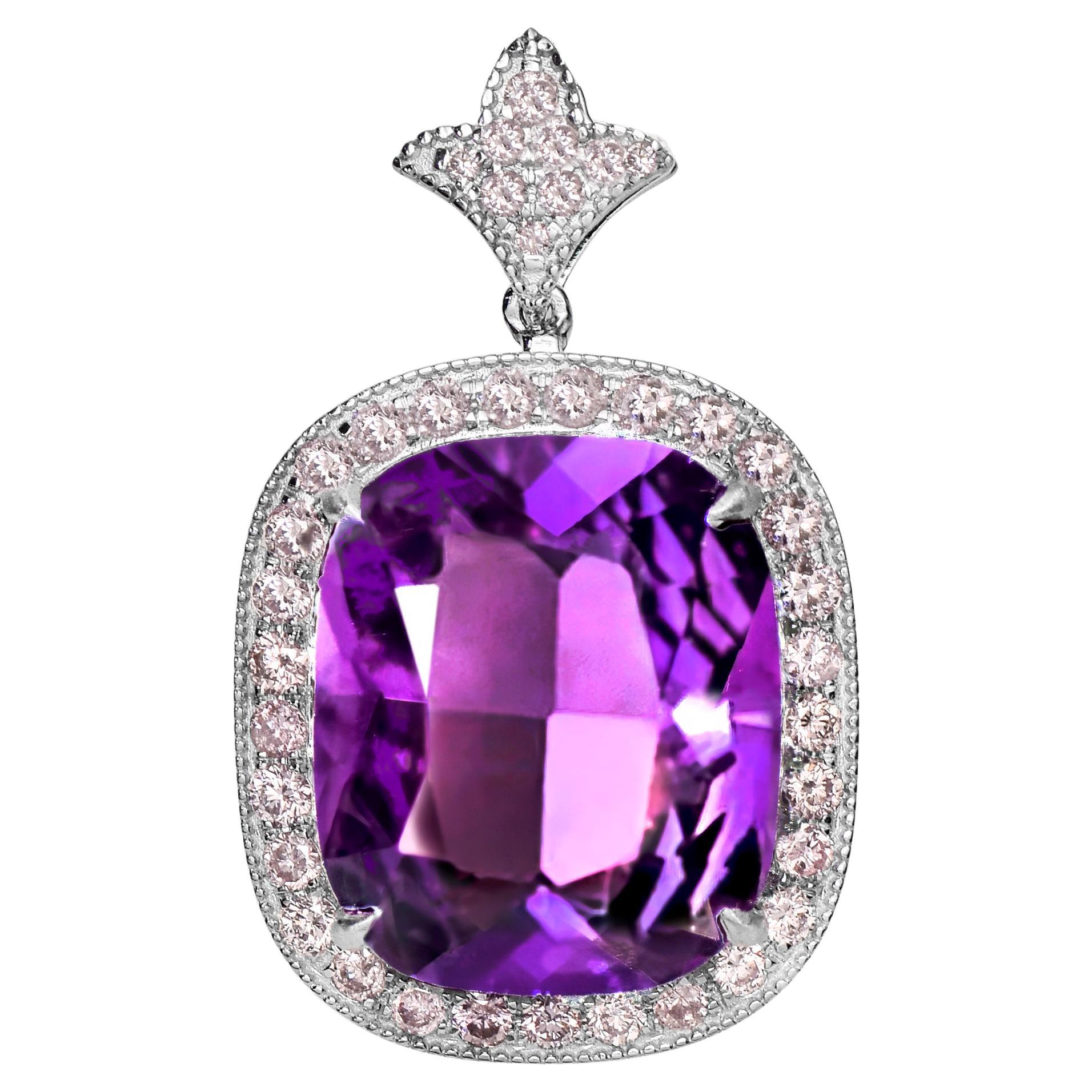 *Special* IGI 14K 9.76 ct Amethyst&0.75 Ct Pink Diamond Necklace For Sale