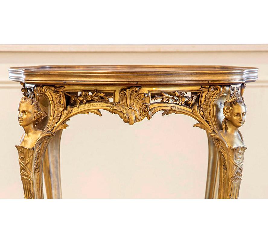 Table d'appoint en bronze doré à plateau de marbre de la fin du XIXe siècle par la Maison Millet en vente 1