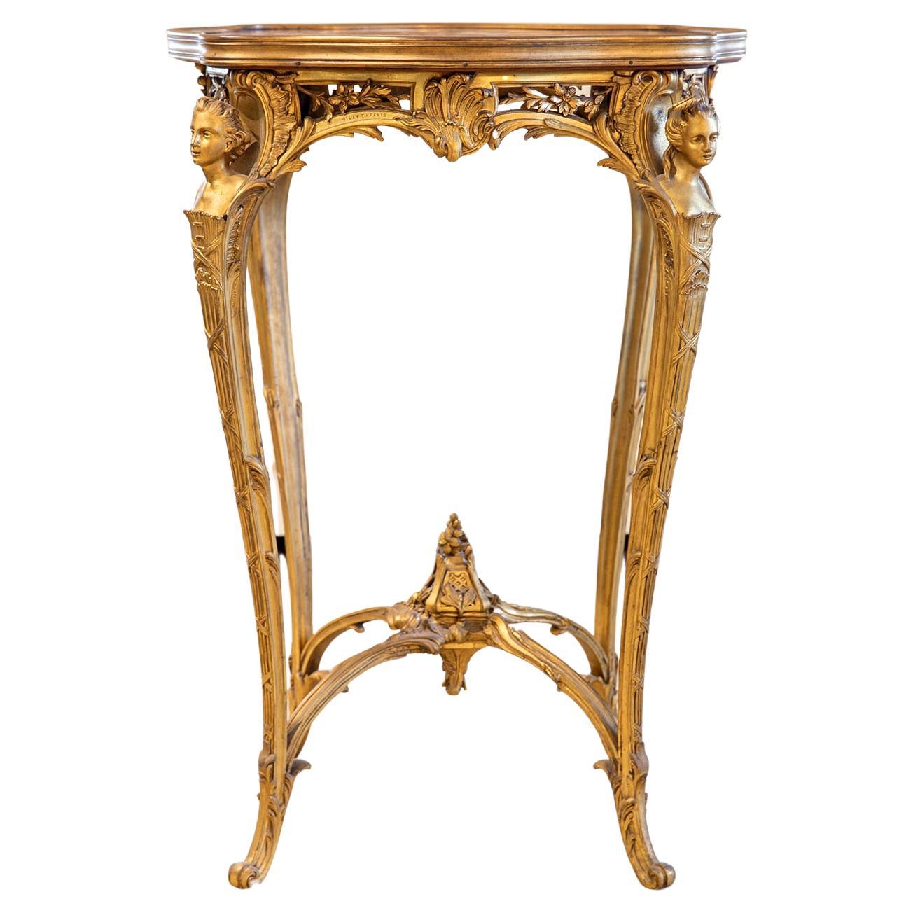 Table d'appoint en bronze doré à plateau de marbre de la fin du XIXe siècle par la Maison Millet