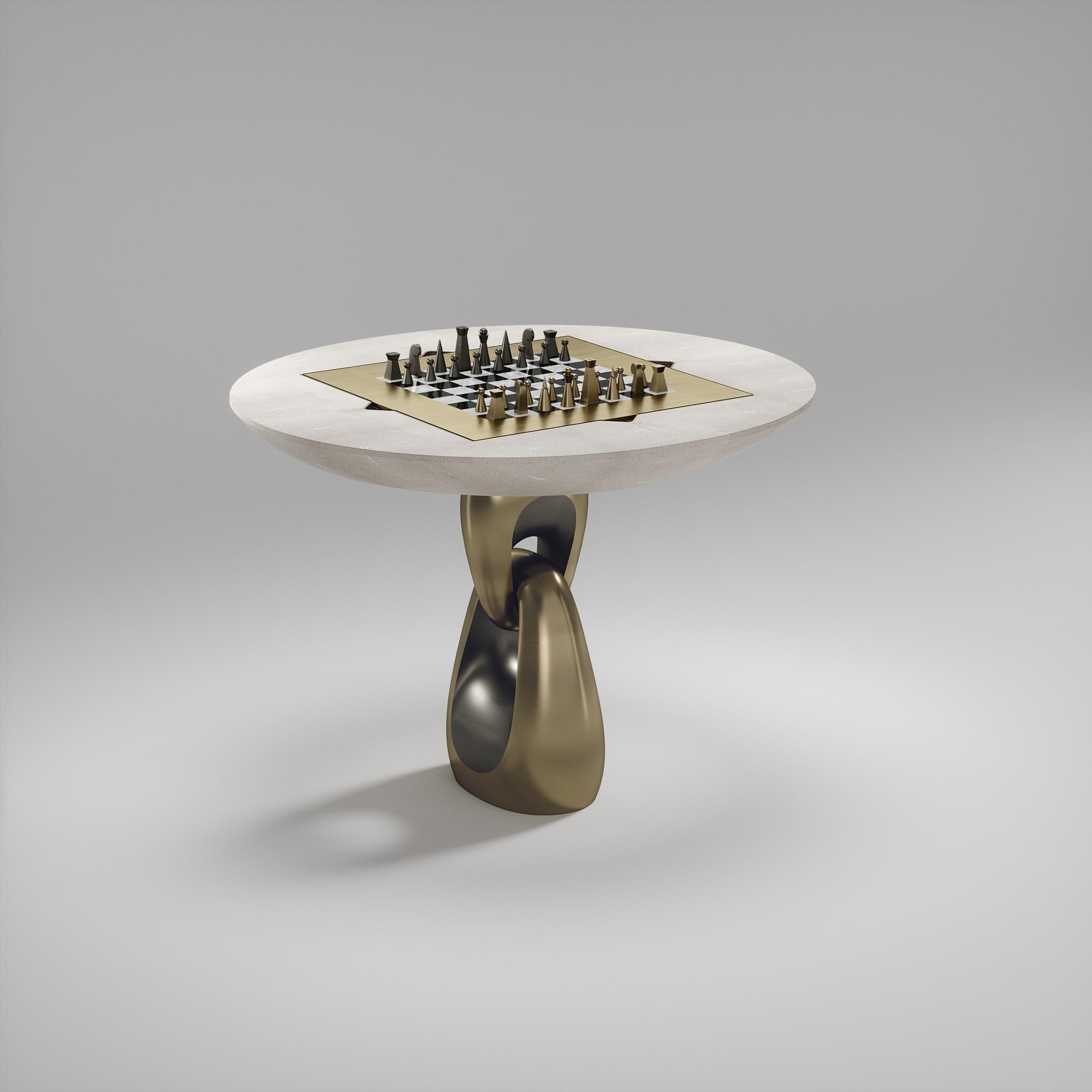 Le plateau de la table de jeu Saturn est fait en coquille de stylo marron, ainsi que les carrés d'échecs. Restes des pièces telles que montrées.
Les dimensions de cette pièce sont les suivantes 
101 x 108,6 x 75 cm

Chaise Thor à réaliser en