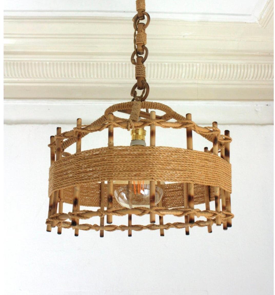 Oferta especial: P: Lámpara colgante de tambor grande de cuerda de ratán, años 60 siglo XX en venta