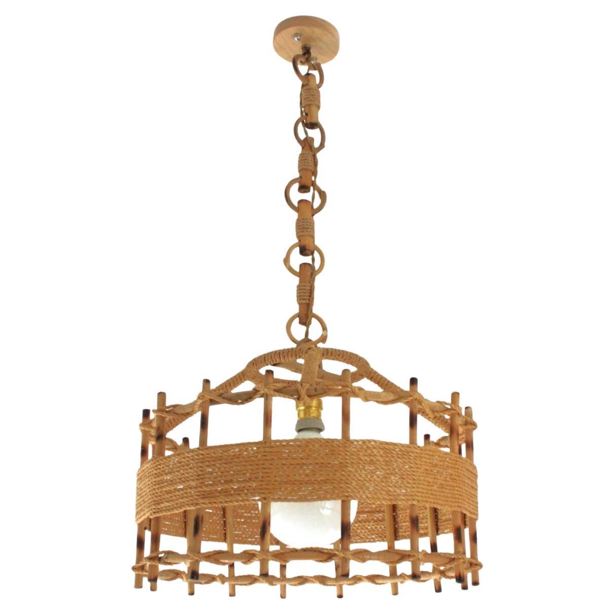 Oferta especial: P: Lámpara colgante de tambor grande de cuerda de ratán, años 60 en venta