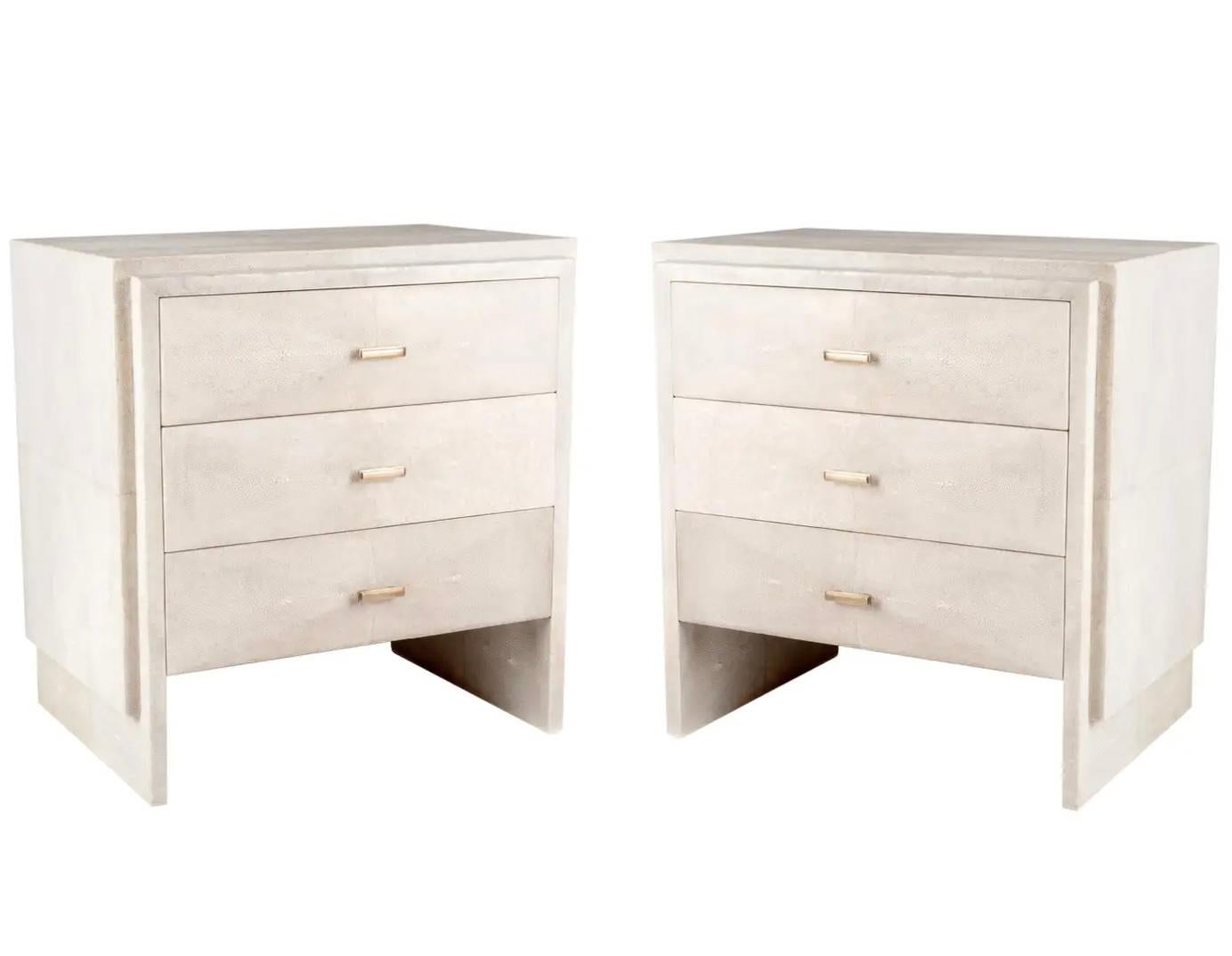 This listing is for one parchment Lola chest of drawers and a pair of shagreen beveled nightstands 

The Paris based label has distinguished themselves since their launch, with their iconic use of shagreen mixed with brass and other exotic