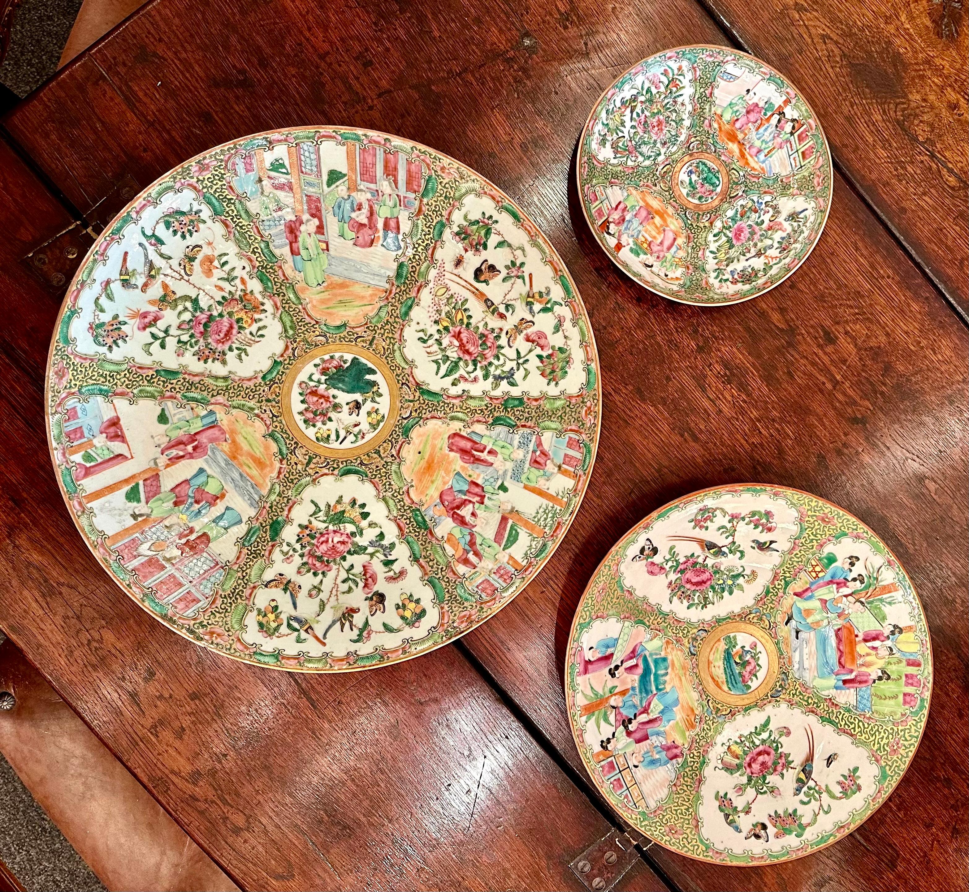 Special Listing for the Purchase of 3 Famille Rose Plates at Once for One Shipping Fee.
The first plate is a large antique Chinese Famille Rose or Rose Medallion porcelain charger plate, circa 1880s-1890s. The measurements are 2 1/2